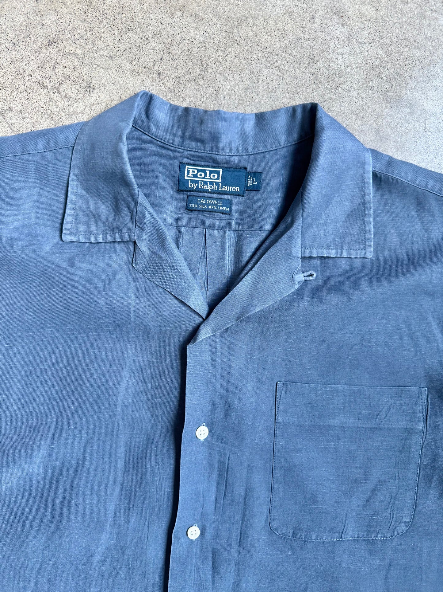 Vintage 1990s Polo Ralph Lauren Blue Linen & Silk Short Sleeve Shirt | Large