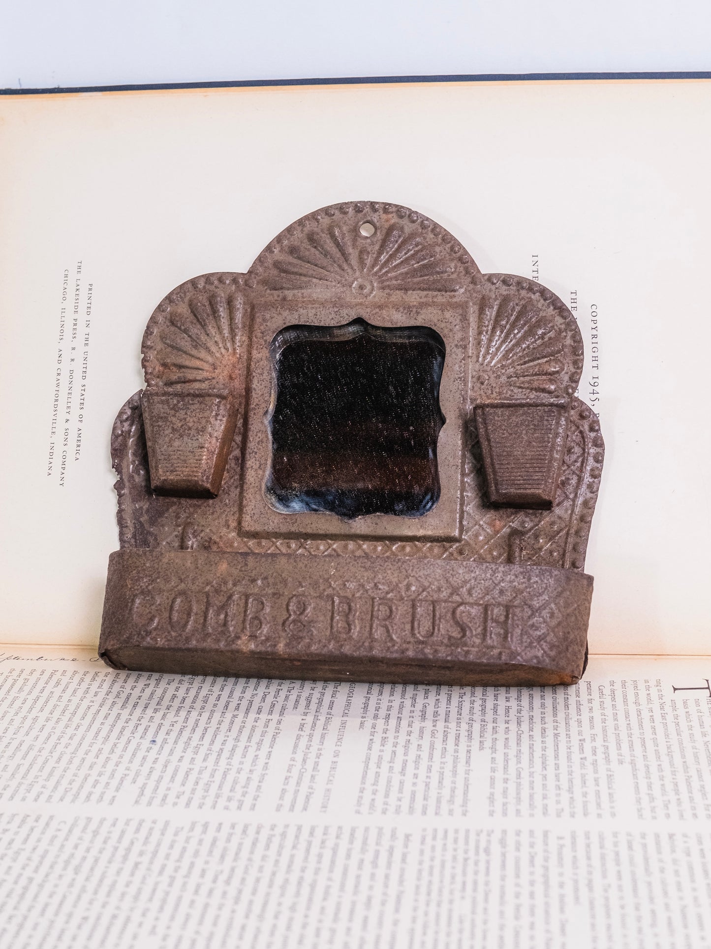 Antique 1800s Metal "Comb & Brush" Men’s Shaving Mirror