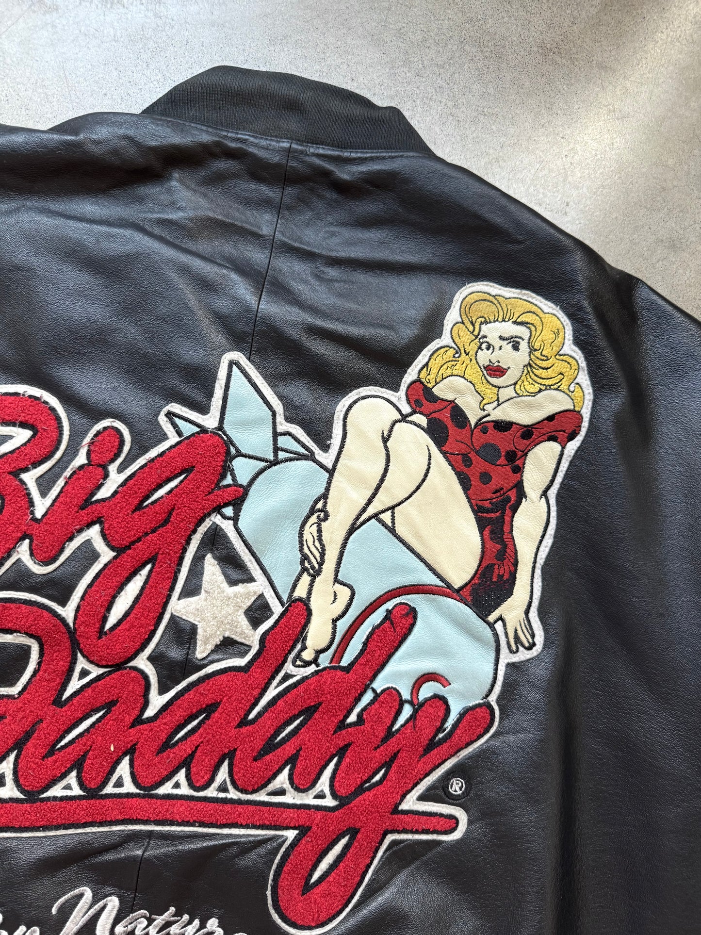 Vintage Big Daddy Embroidered Black Leather Bomber Jacket | 5XL