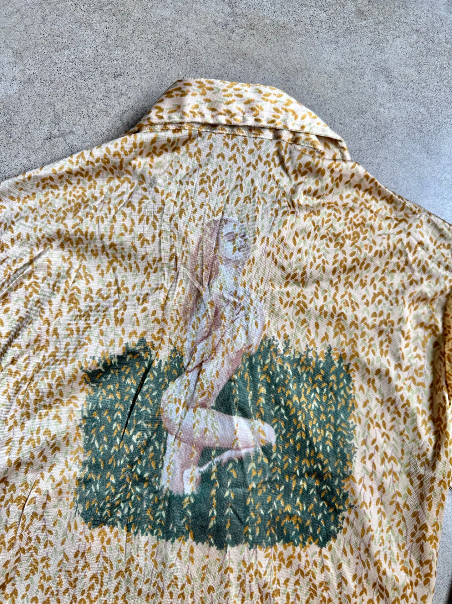 Vintage 1970s Chesa Boutique “Garden Goddess” Leaf Printed Disco Shirt | Medium