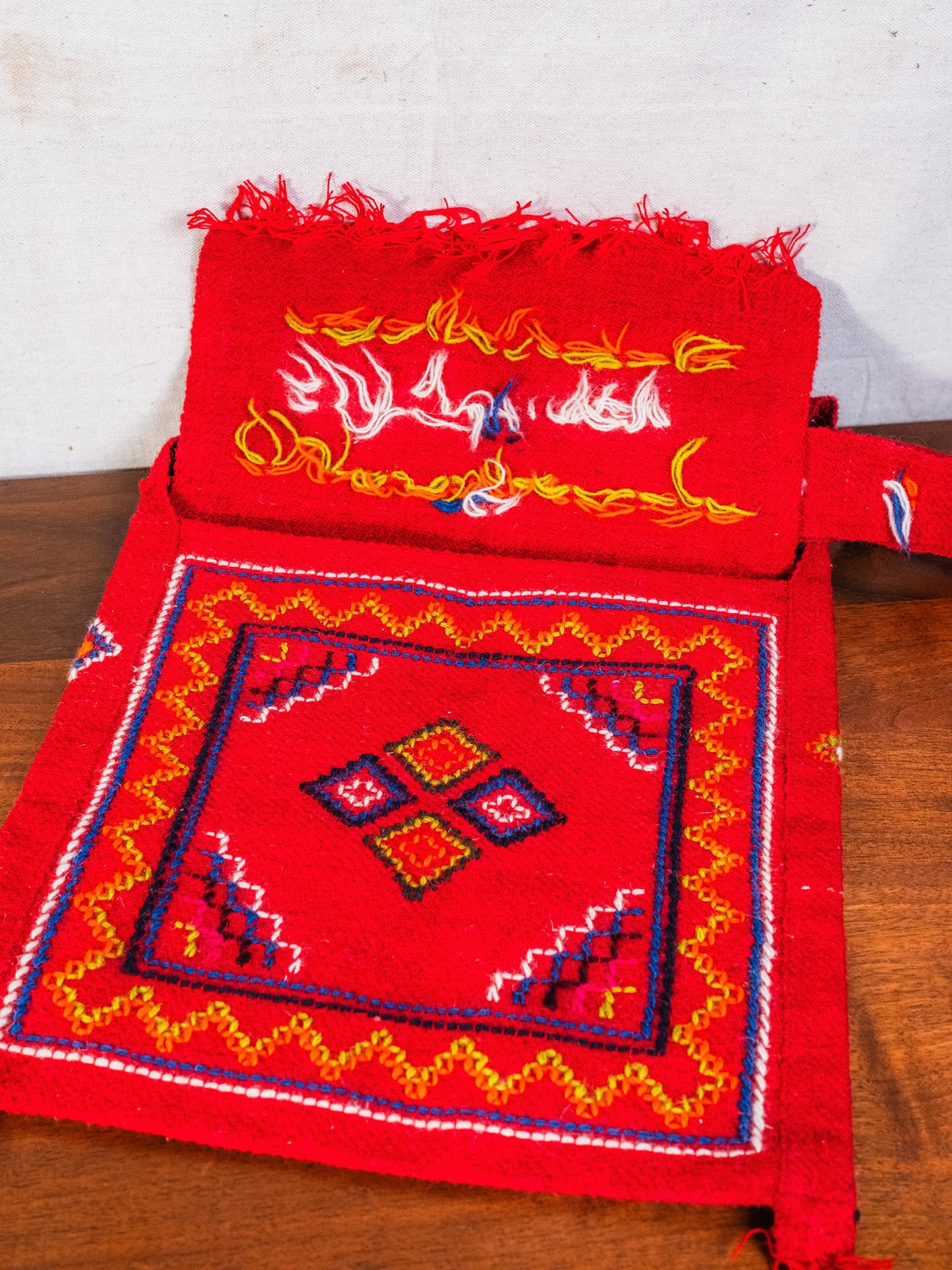 Vintage 1960s Bhutan Embroidered Red Woven Crossbody Bag