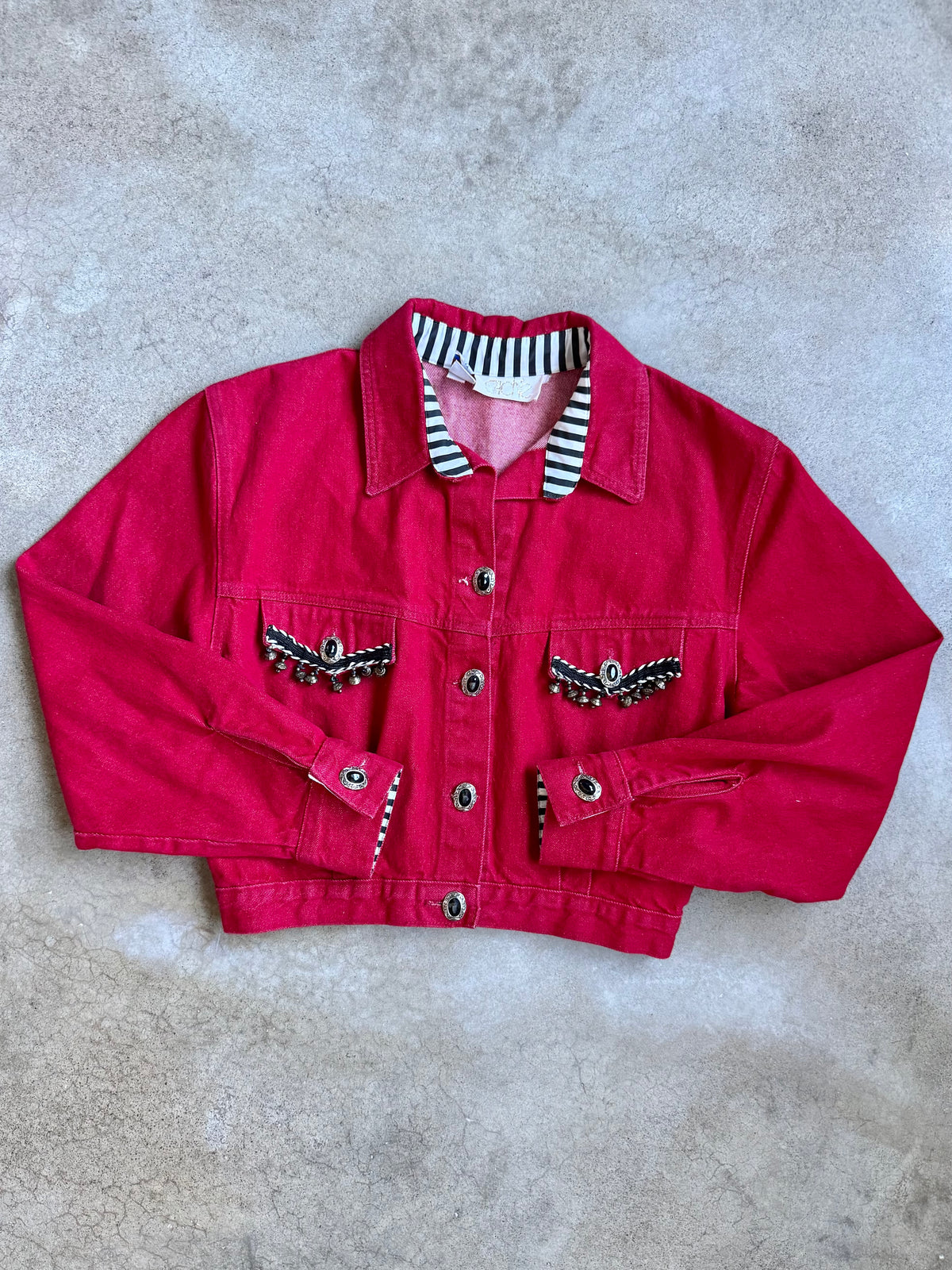 Vintage 1980s Caché Beaded Red Cropped Denim Jacket | Medium