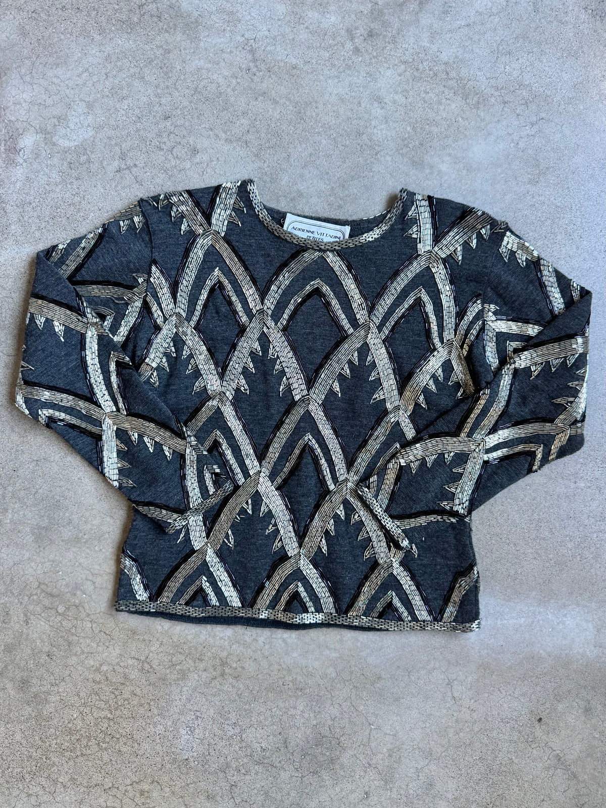 Vintage 1980s Adrienne Vittadini Silver Art Deco Beaded Wool Knit Top | Small