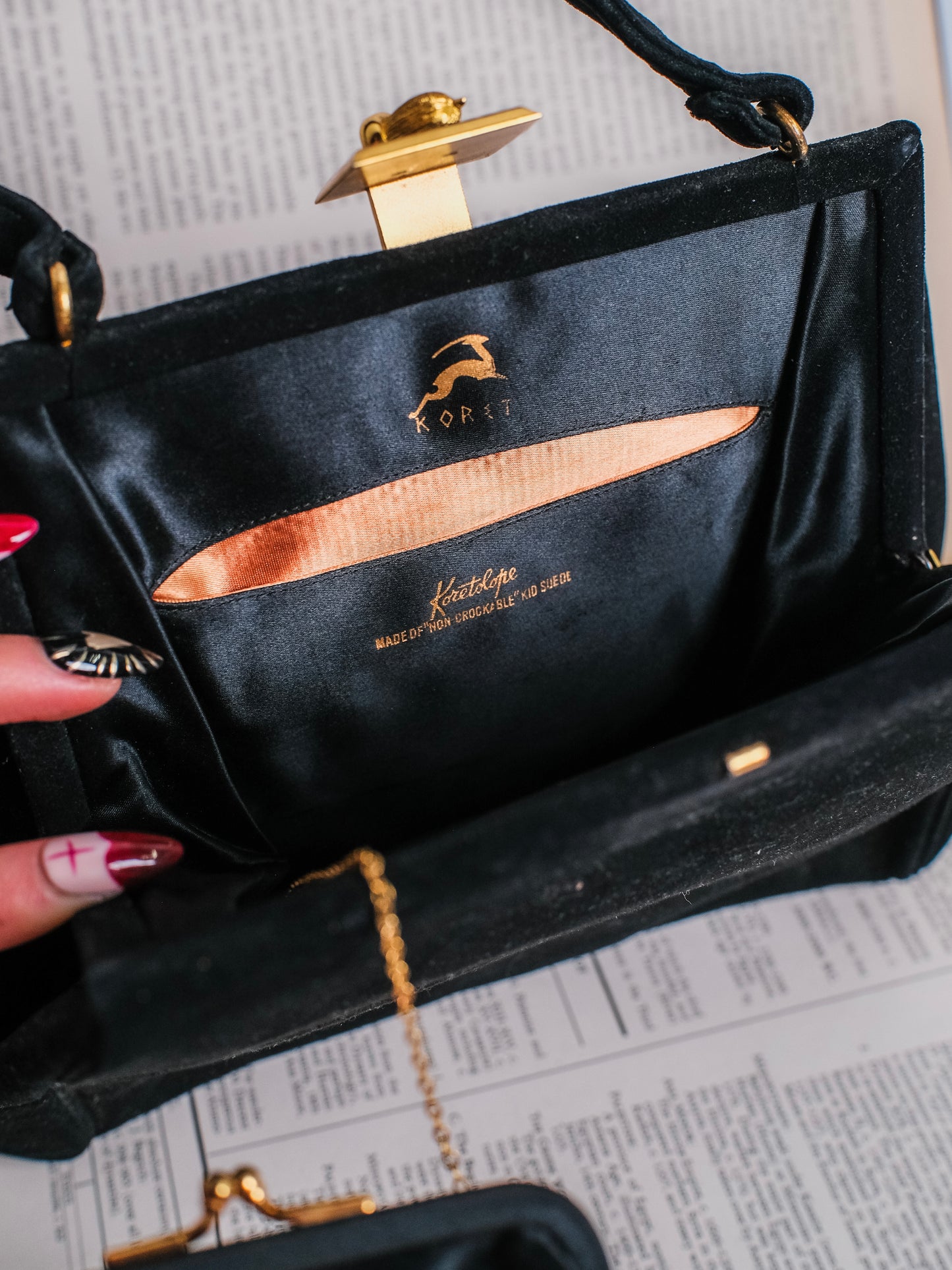 Vintage 1940s Koret Black “Koretolope” Kid Suede Gold Acorn Handbag
