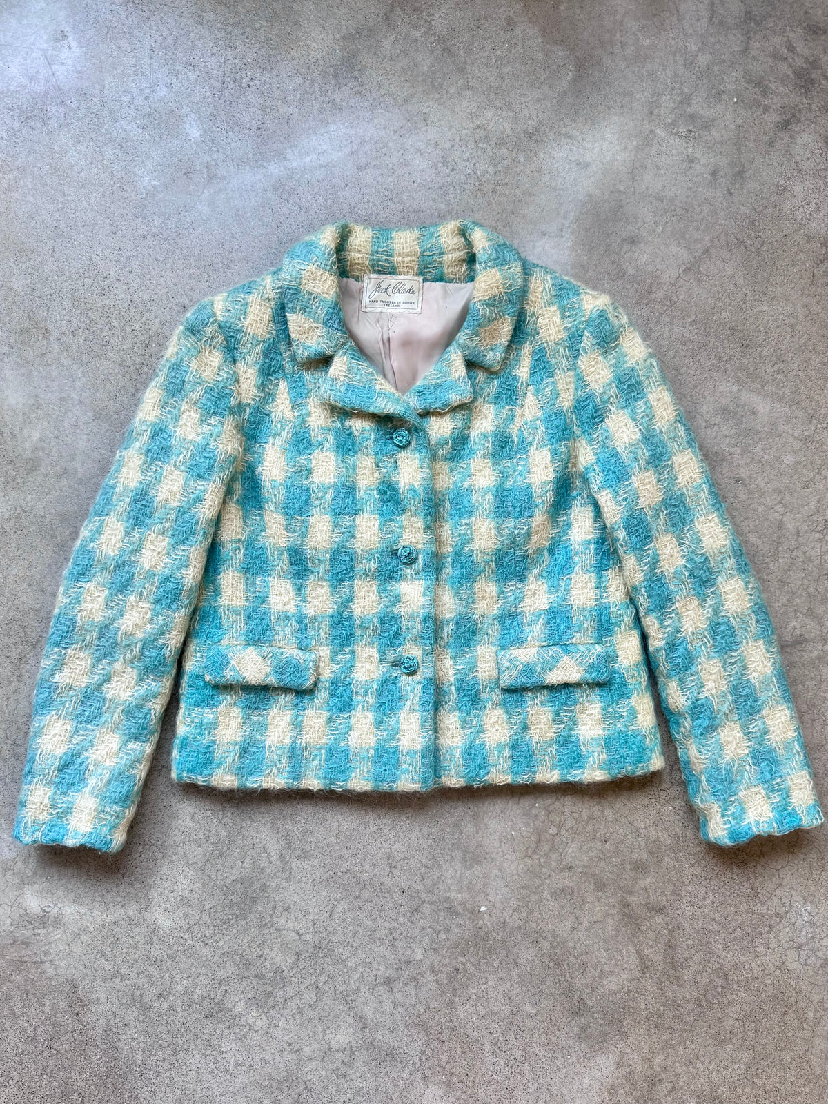 Vintage 1960s Blue & Cream Plaid Mohair-Blend Tweed Jacket | Small