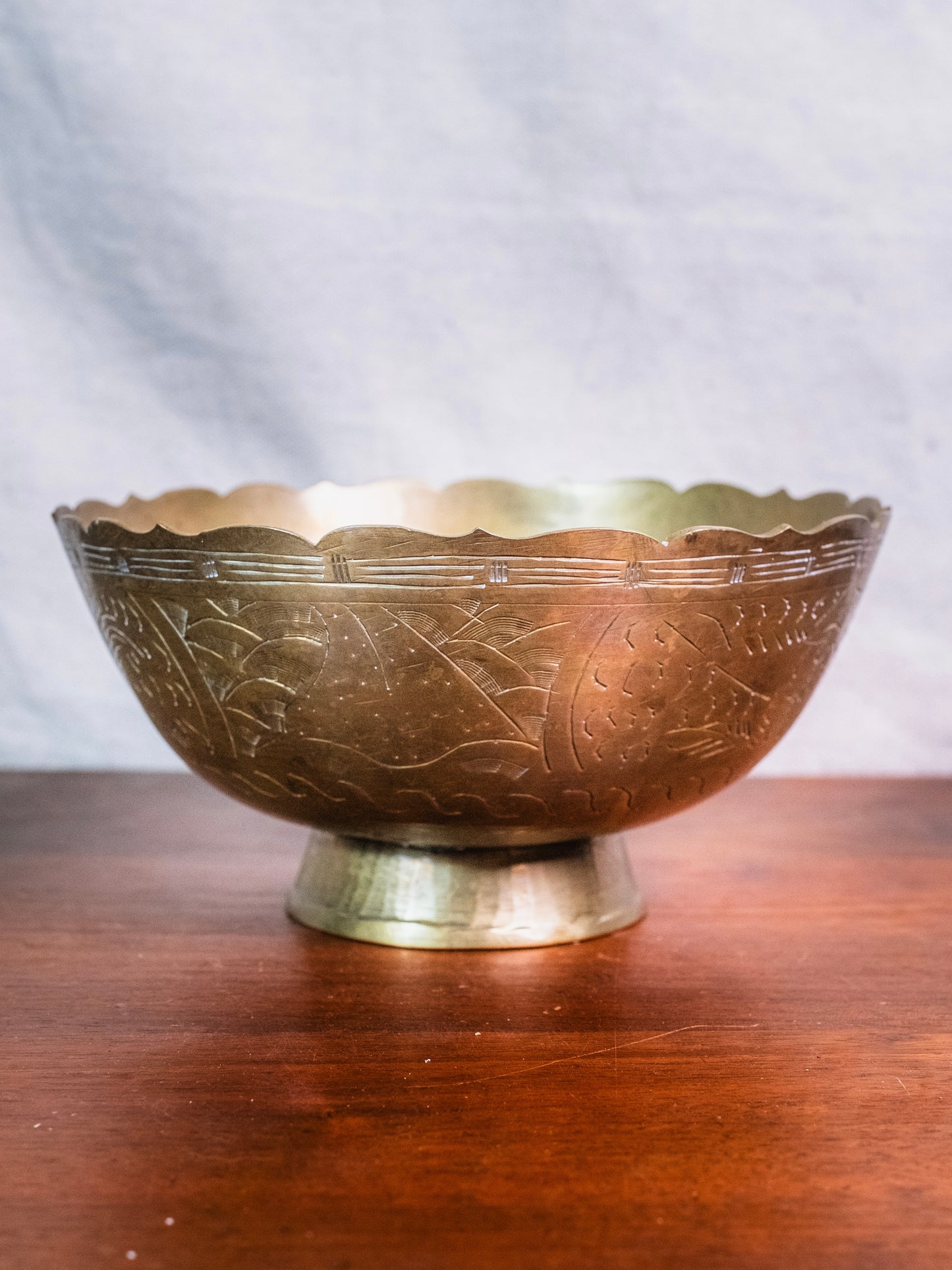 Vintage 1950s Solid Brass Etched Pedestal Bowl