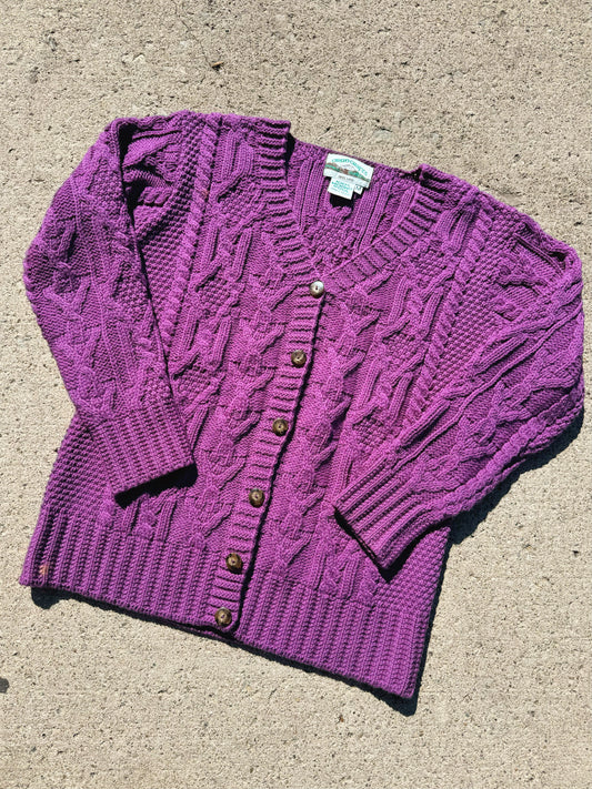 Vintage Aran Crafts Purple Cable Knit Wool Cardigan | Medium