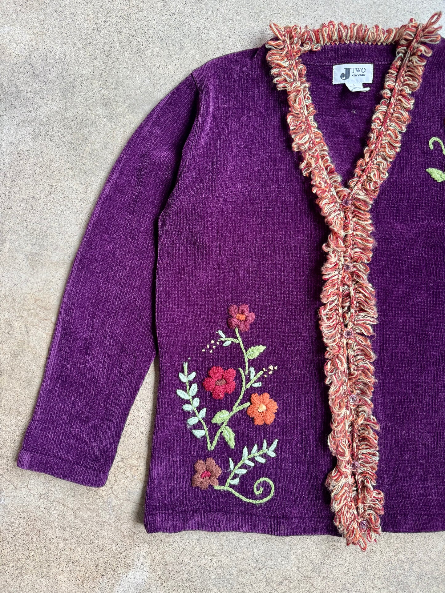 Vintage 1990s J-Two Purple Chenille Knit Floral Embroidered Cardigan | Large