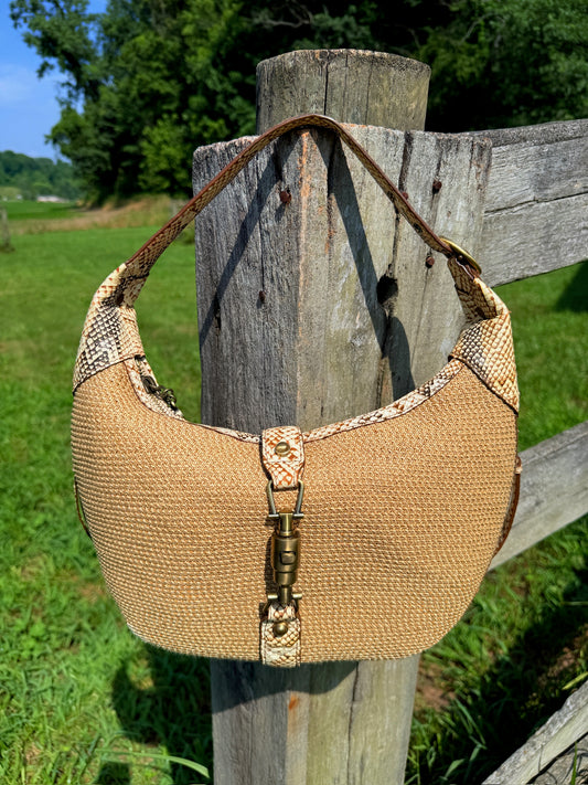 Vintage 90s/00s Eric Javits Straw & Snakeskin Trim Hobo Handbag