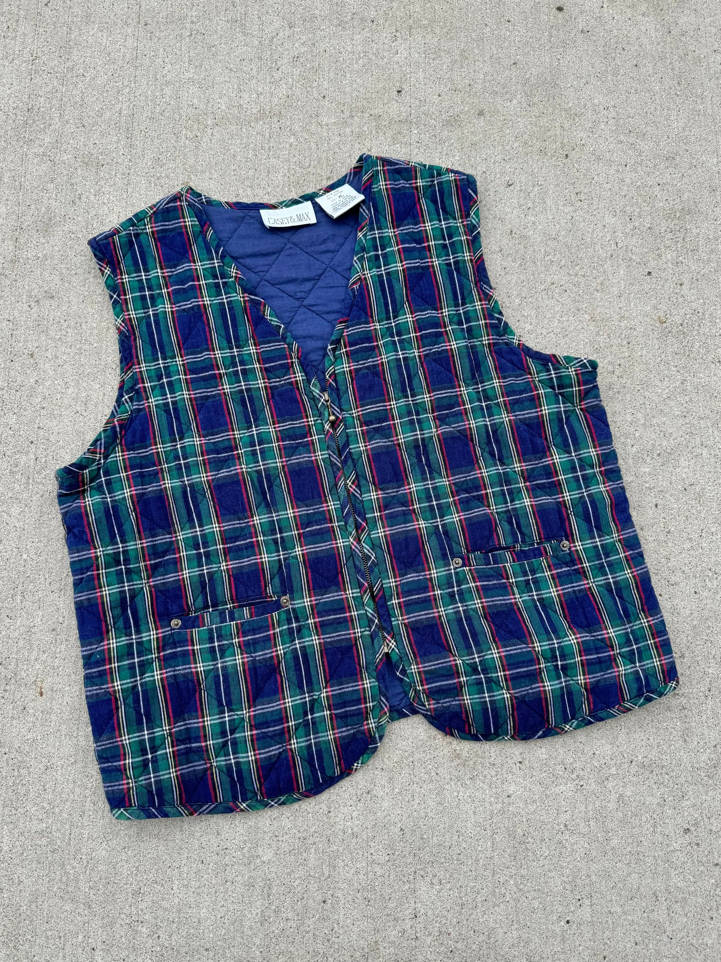 Vintage 1990s Casey & Max Plaid Quilted Cotton Zip-Up Vest | XL