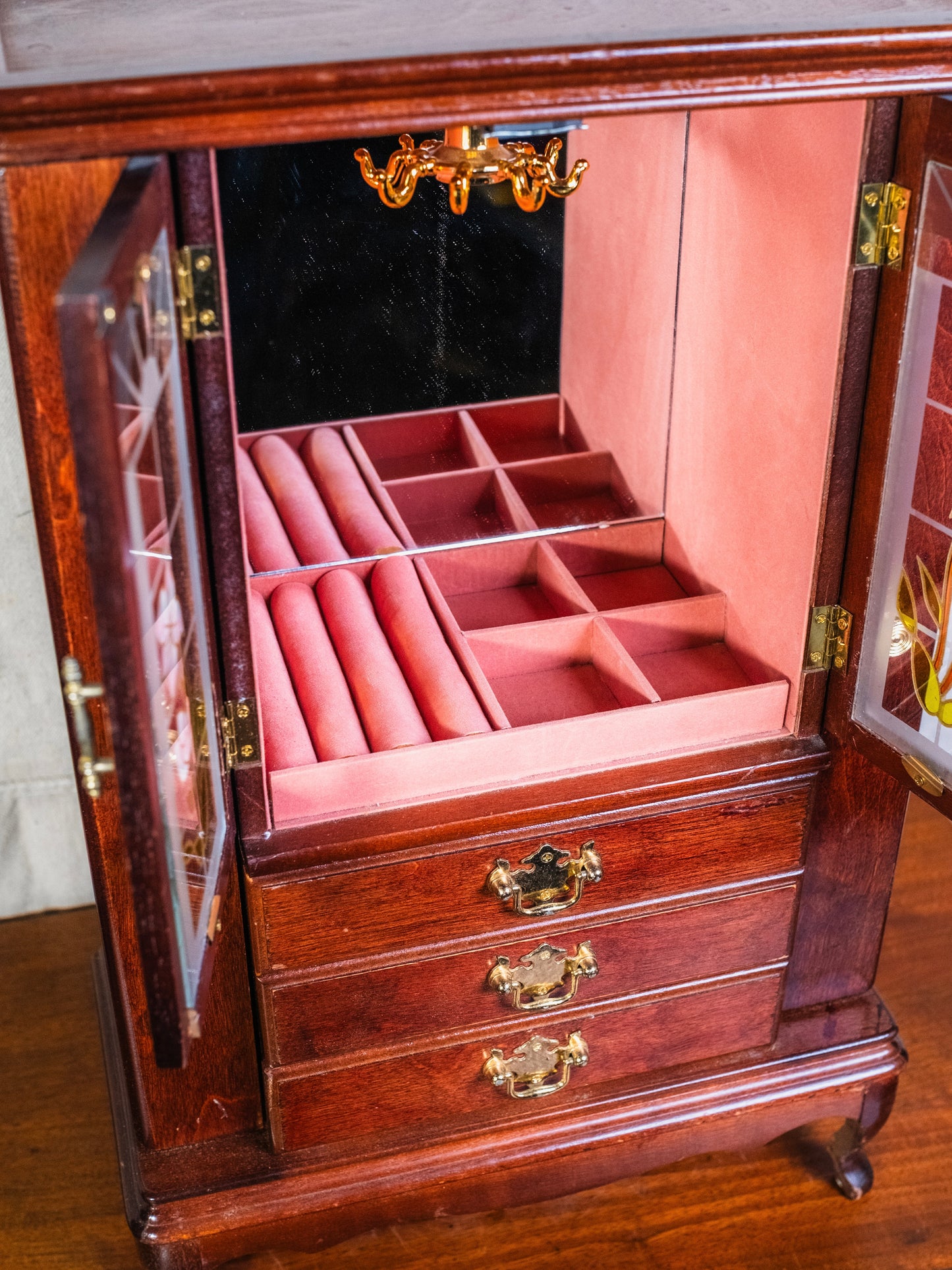 Vintage Floral Glass Door Wooden Jewelry Armoire