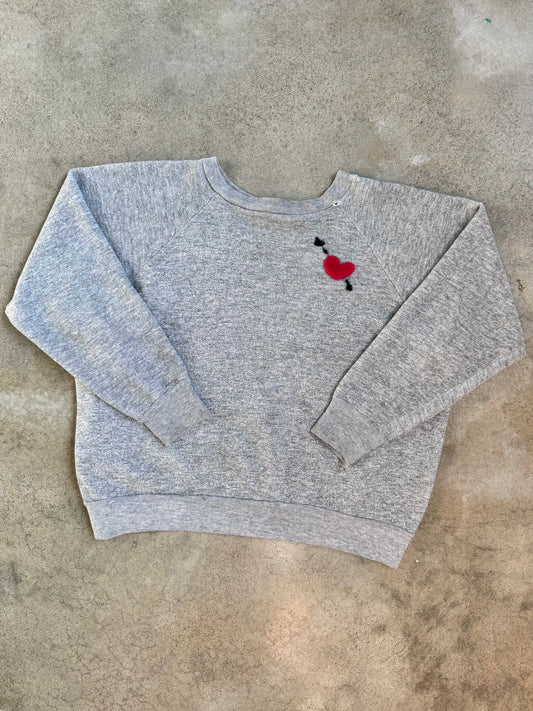 Vintage 1980s Sears Felted Cupid Heart Grey Raglan Sweatshirt | Large