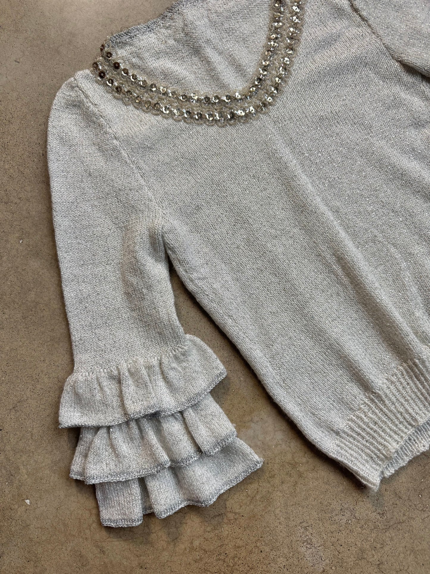 Vintage 1960s Silver Metallic Knit Ruffled Bell Sleeve Sweater | XS