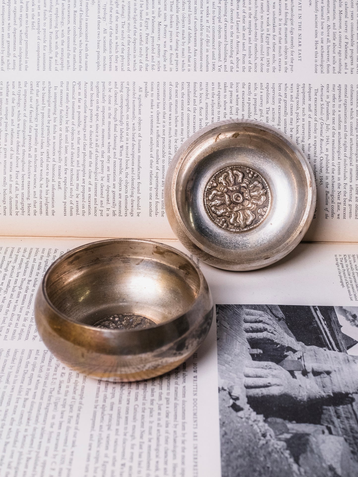 Vintage 1950s Tibetan Metal Inlay Singing Bowls | Set of 2