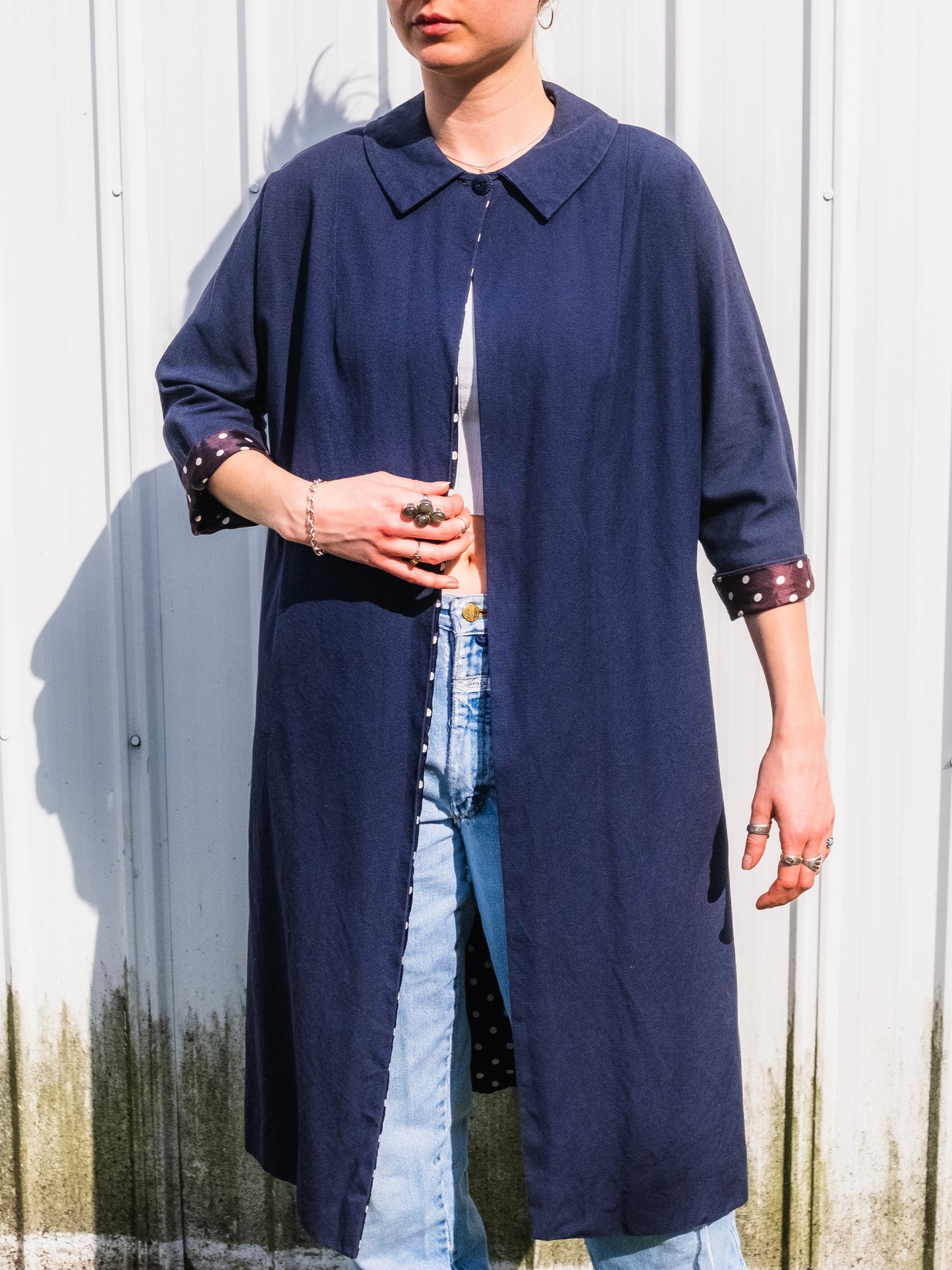 Vintage 1950s Handmade Navy Blue Polka Dot Lined Swing Coat | Small