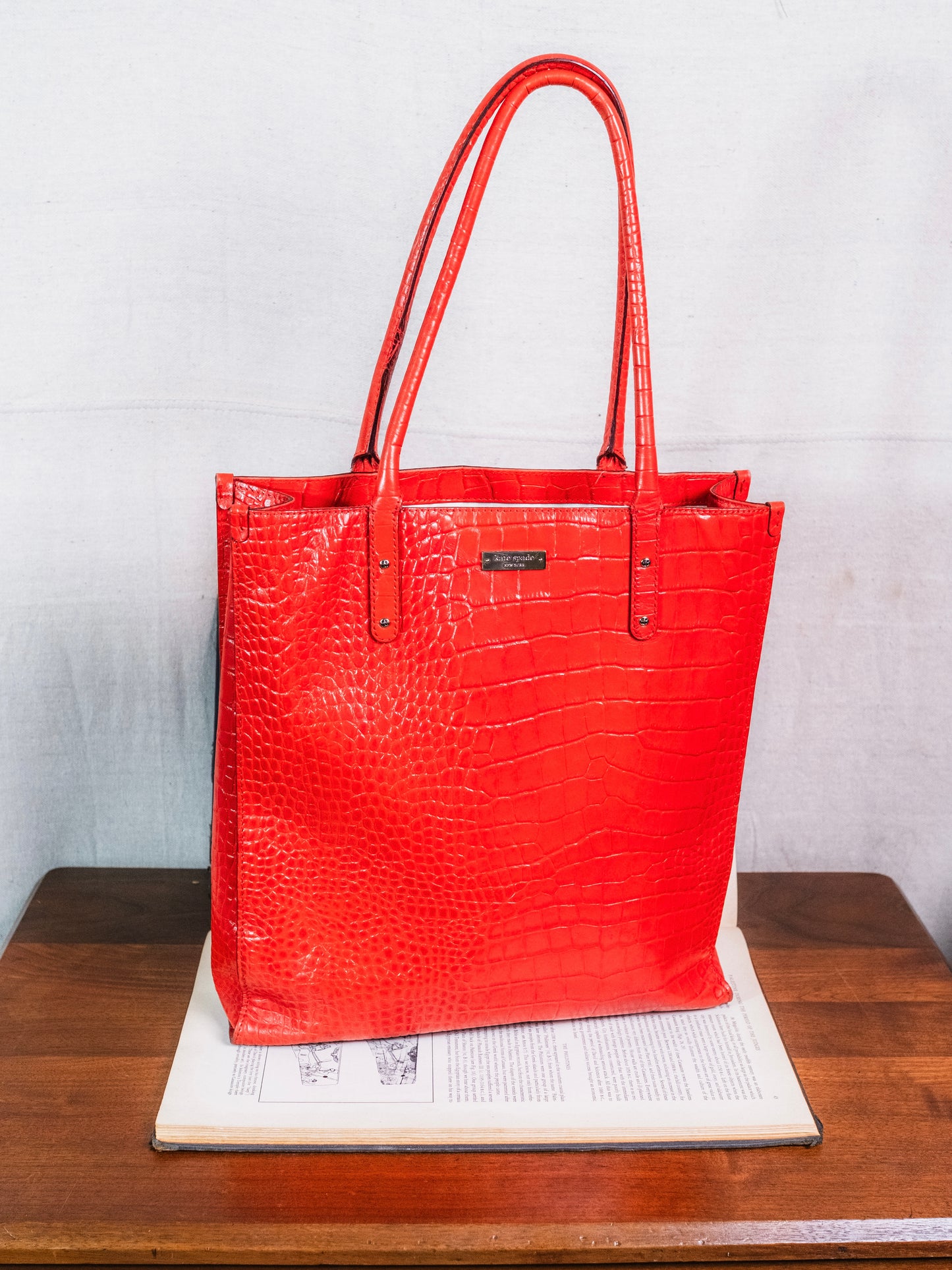 2000s Kate Spade Red Croc Embossed Leather Top Handle Bag