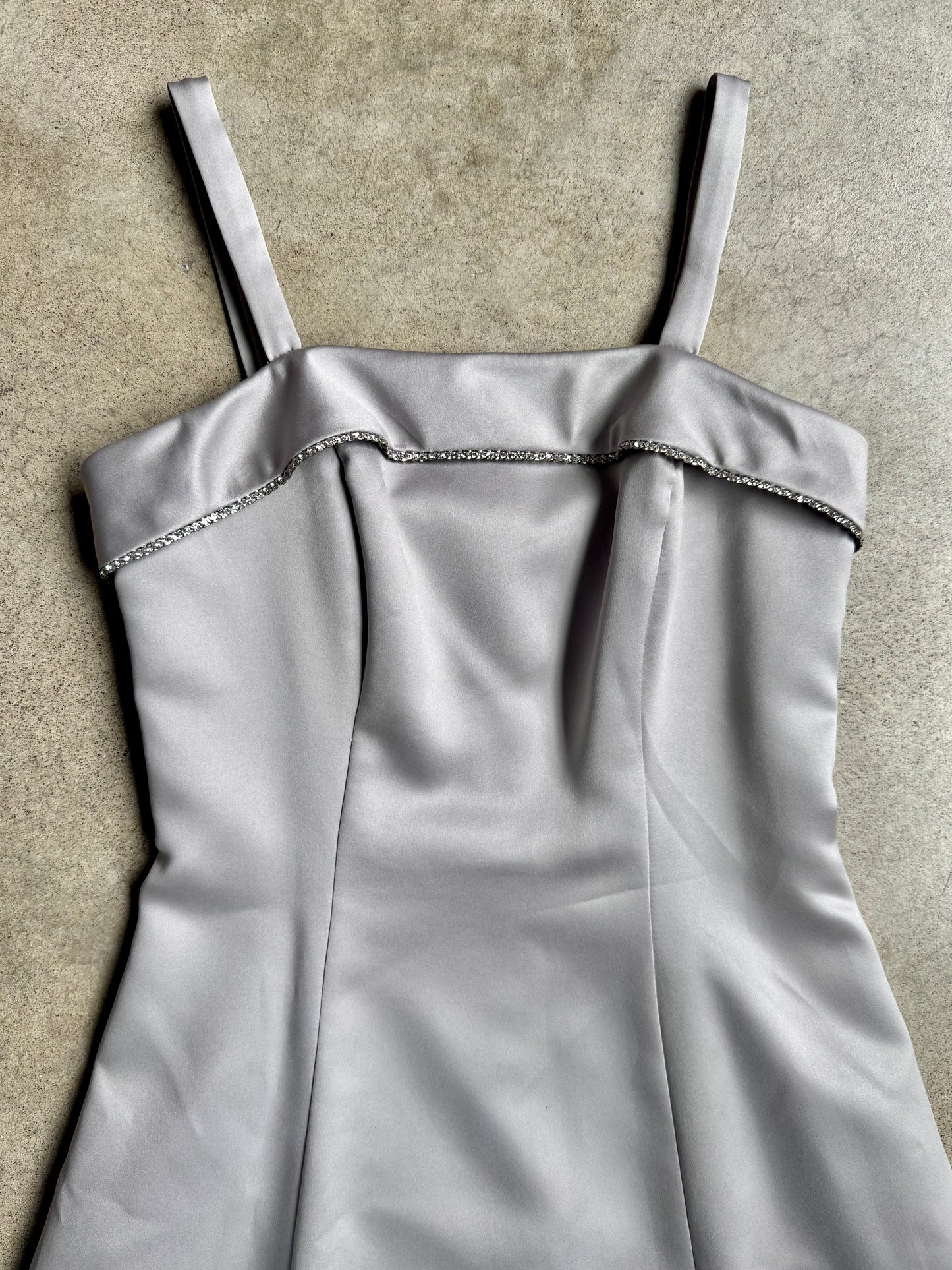 Vintage 1990s Dave & Johnny Silver Rhinestone Trim Formal Dress w/ Scarf | Small