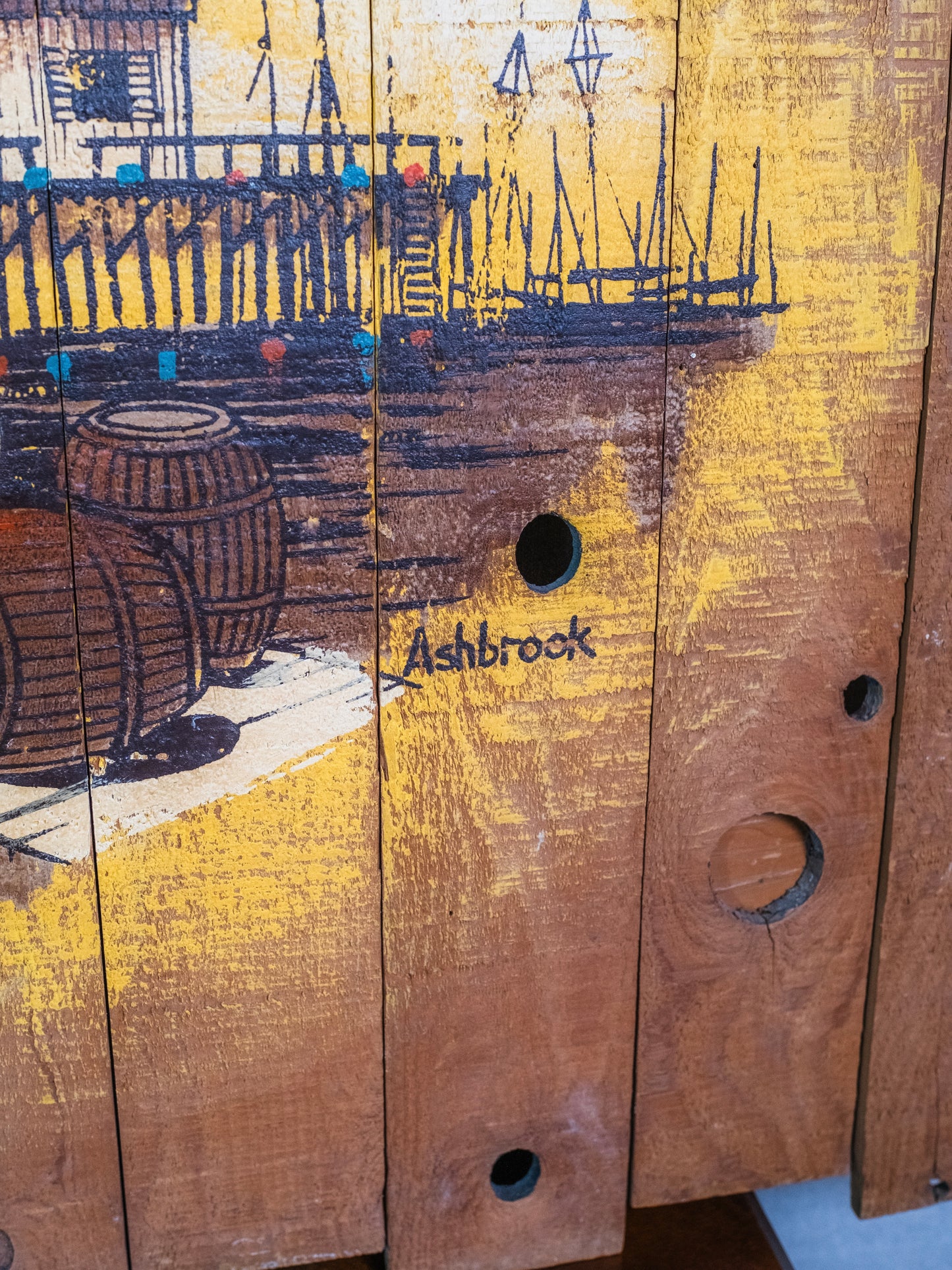 Vintage 1960s Wood Slat "Sailboat at Dock" Ashbrook Painting