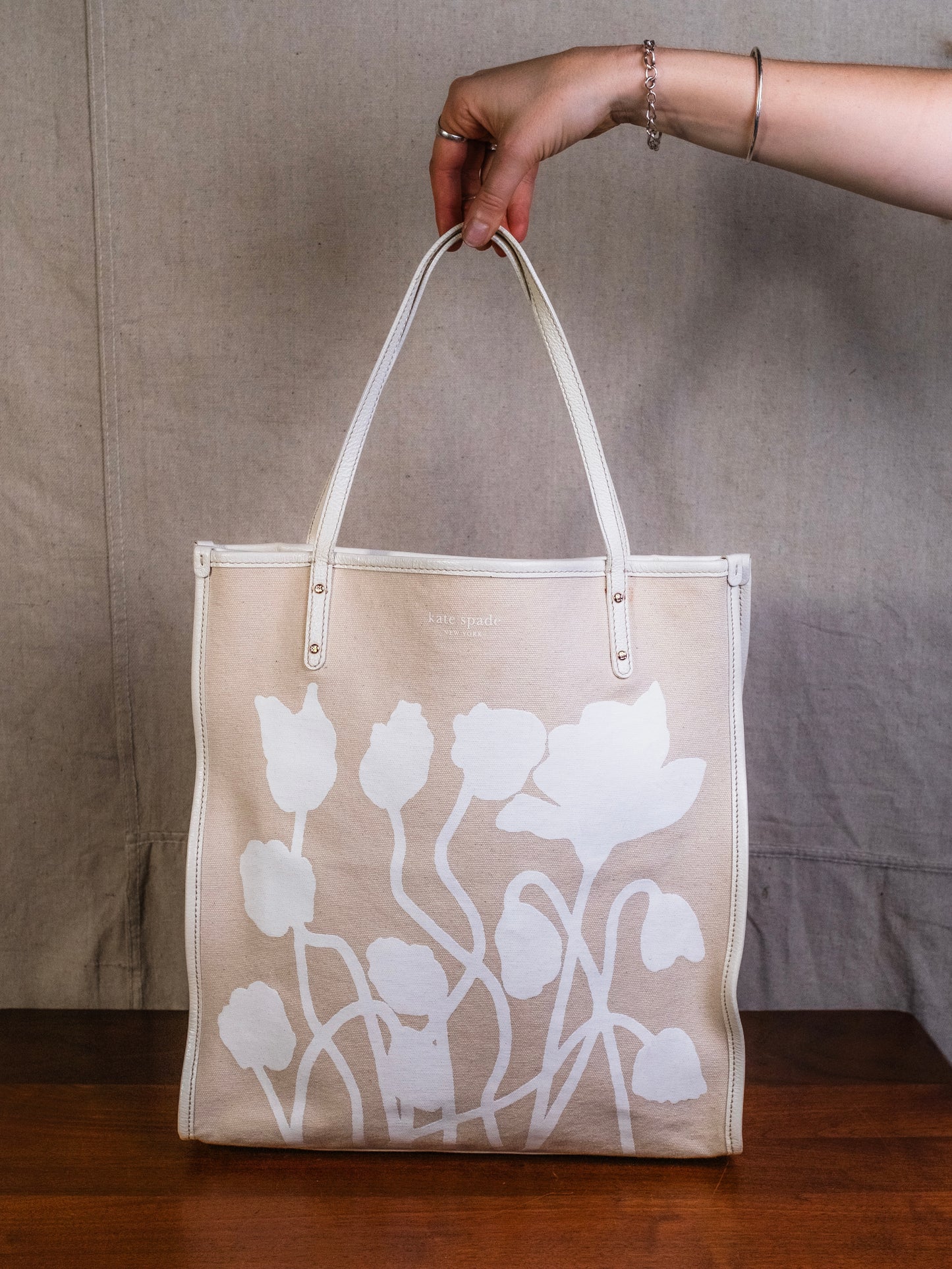 Kate Spade White Flower Print Canvas Tote Bag