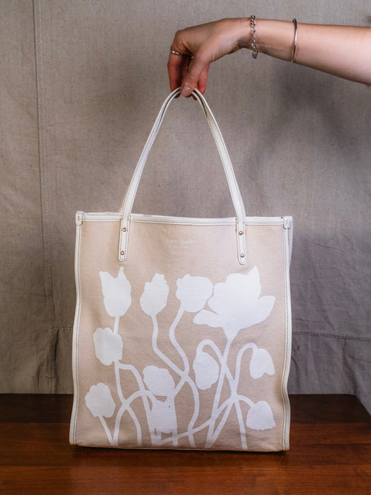 Kate Spade White Flower Print Canvas Tote Bag