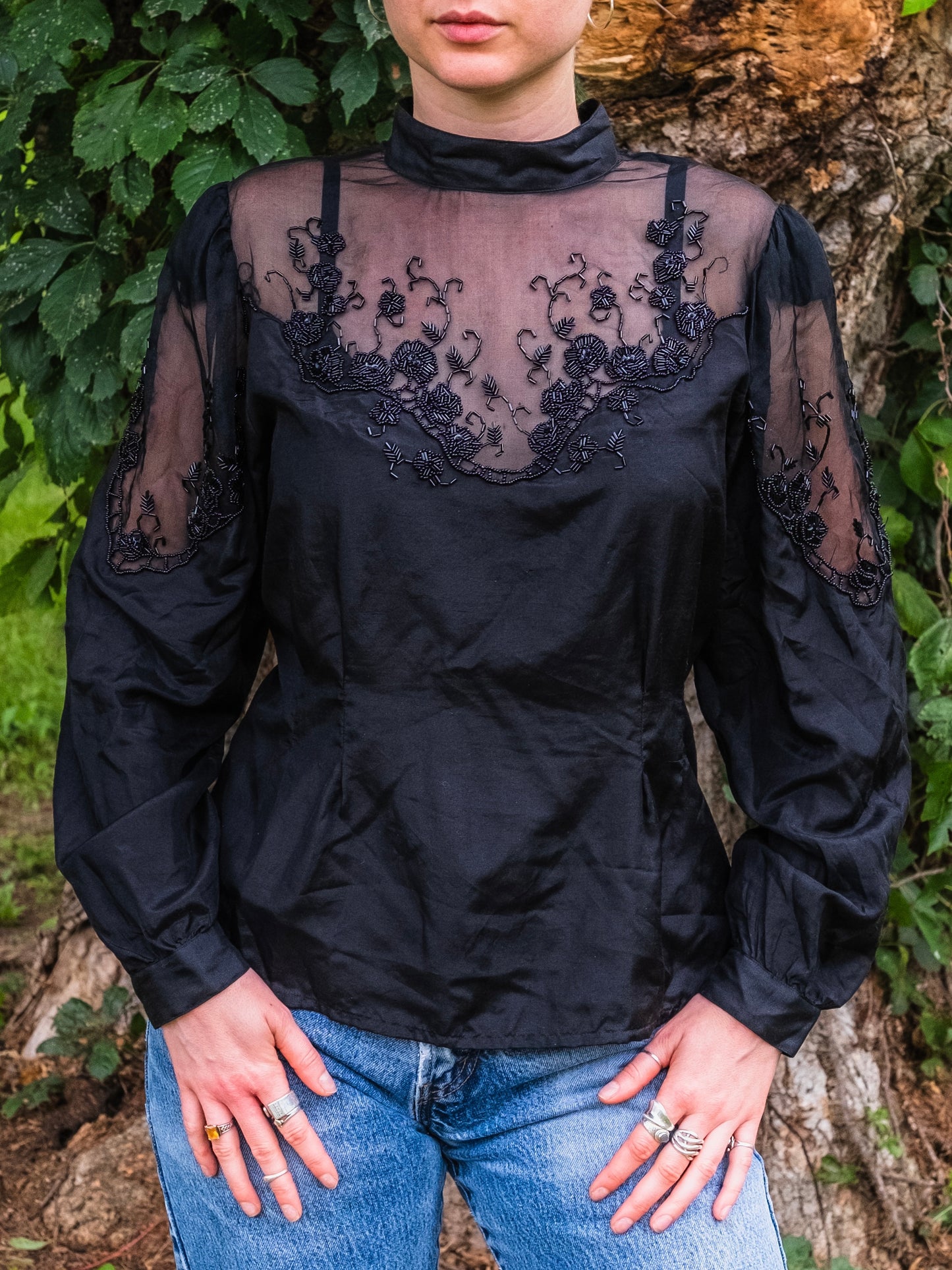 Vintage 1980s Nancy Johnson for Prisma Black Beaded 100% Silk Blouse | Medium