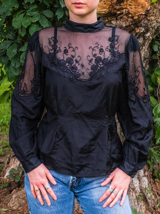Vintage 1980s Nancy Johnson for Prisma Black Beaded 100% Silk Blouse | Medium