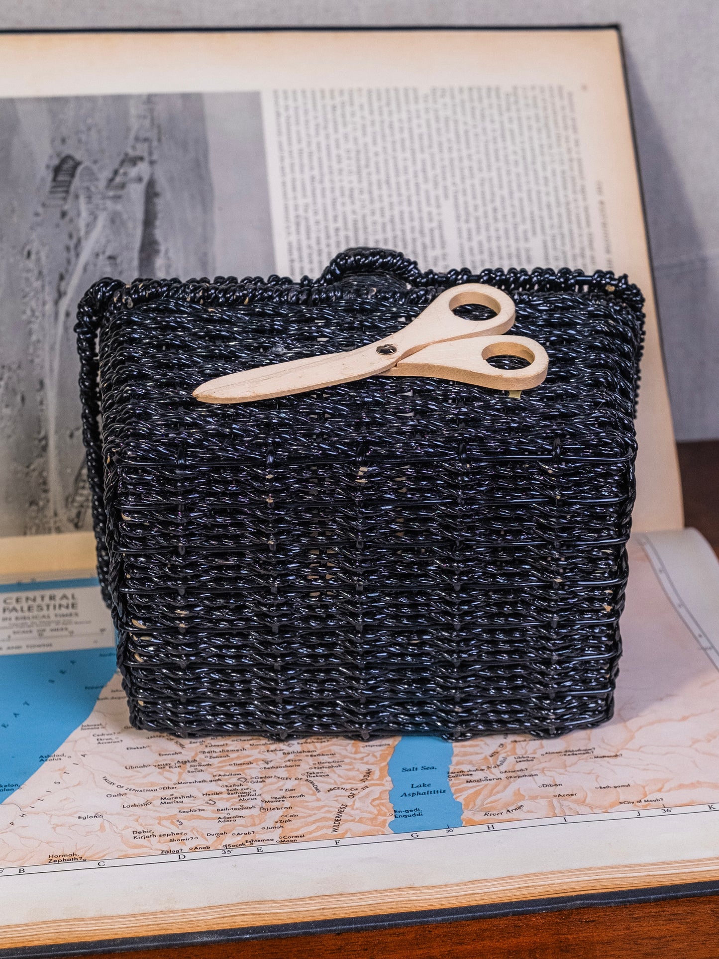 Vintage 1950s Black Woven Sewing Basket
