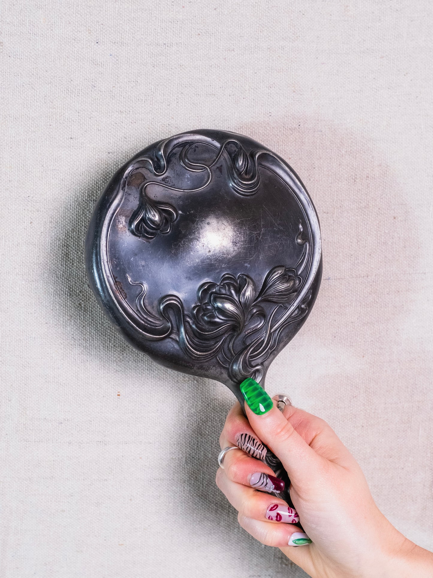 Antique Victorian Era Metal Floral Stamped Hand Mirror