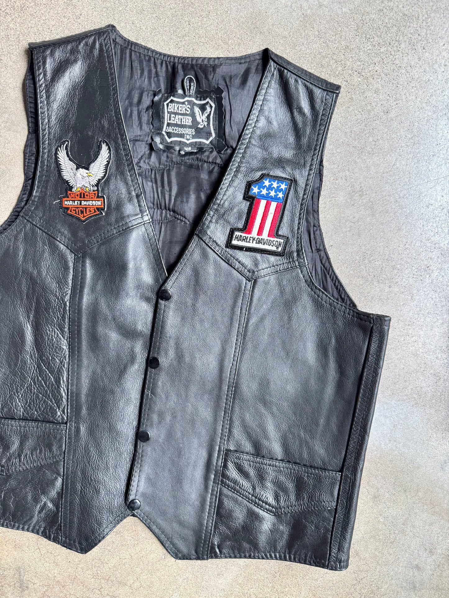 Vintage 1980s Black Leather Harley Davidson Patched Riding Vest | 46