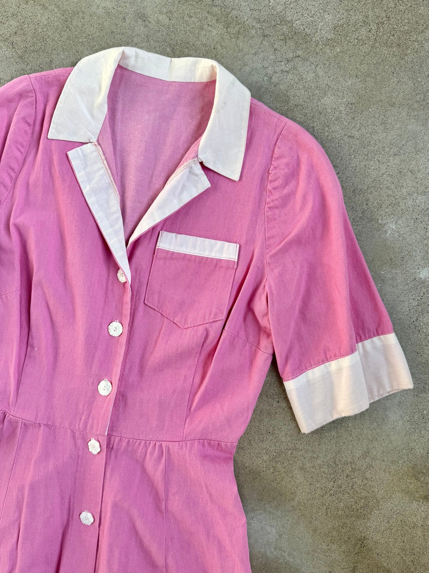 Vintage 1960s Pink & White Short Sleeve Collared Uniform Dress | Medium