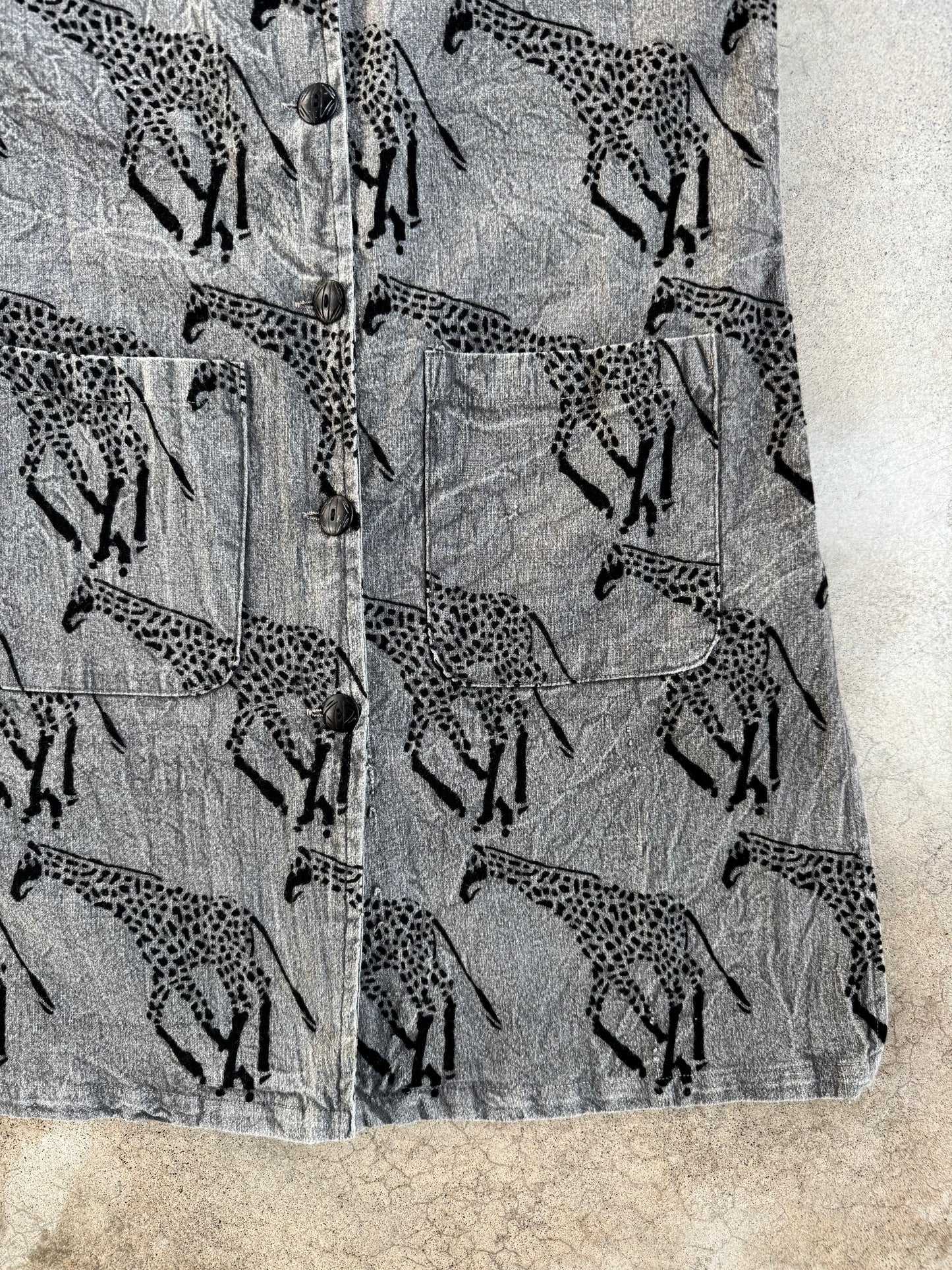 Vintage 1990s Grey Giraffe Print Cotton Sleeveless Button-Front Dress | Small