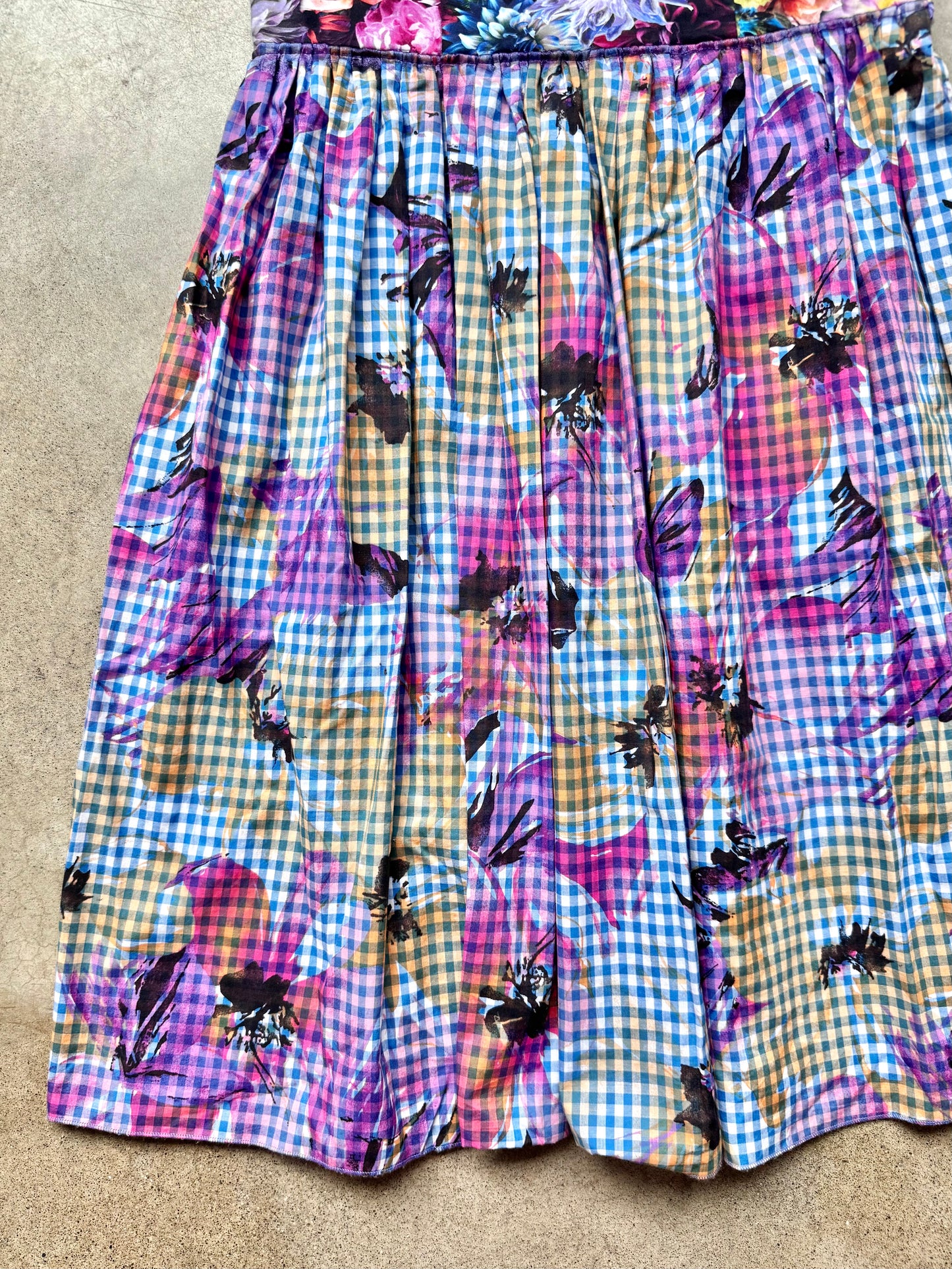 Vintage Handmade Floral Gingham Print Sleeveless Pleated Dress | S/M