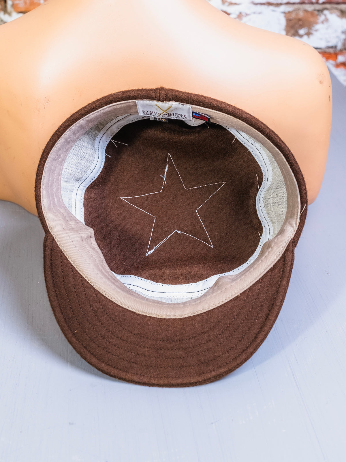 Vintage-Style Stockbridge Sewing Works Brown Felted Star & Striped Pillbox Cap