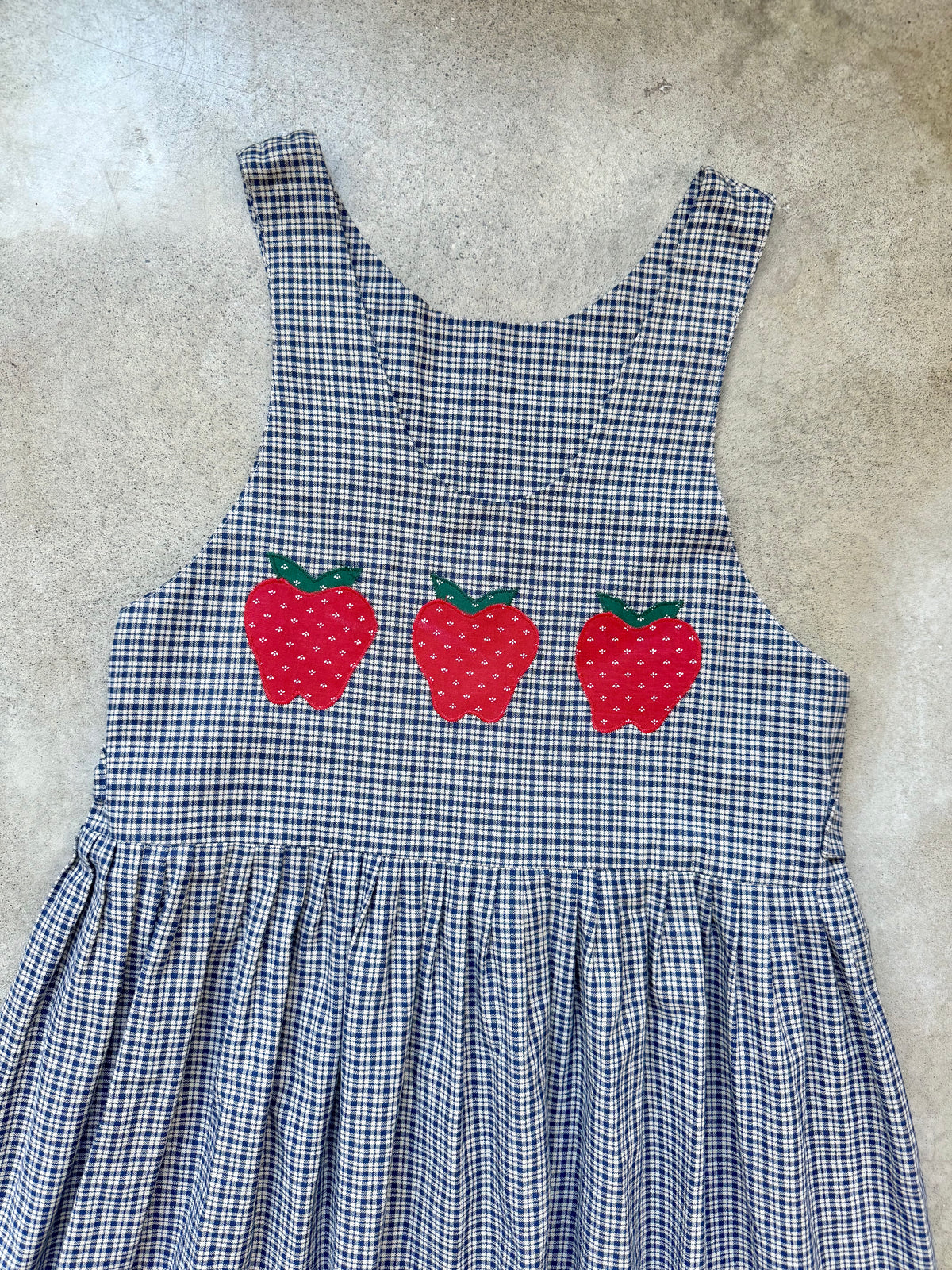 Vintage Handmade Blue Plaid Fruit Appliqué Tie-Back Pinafore Dress | Large