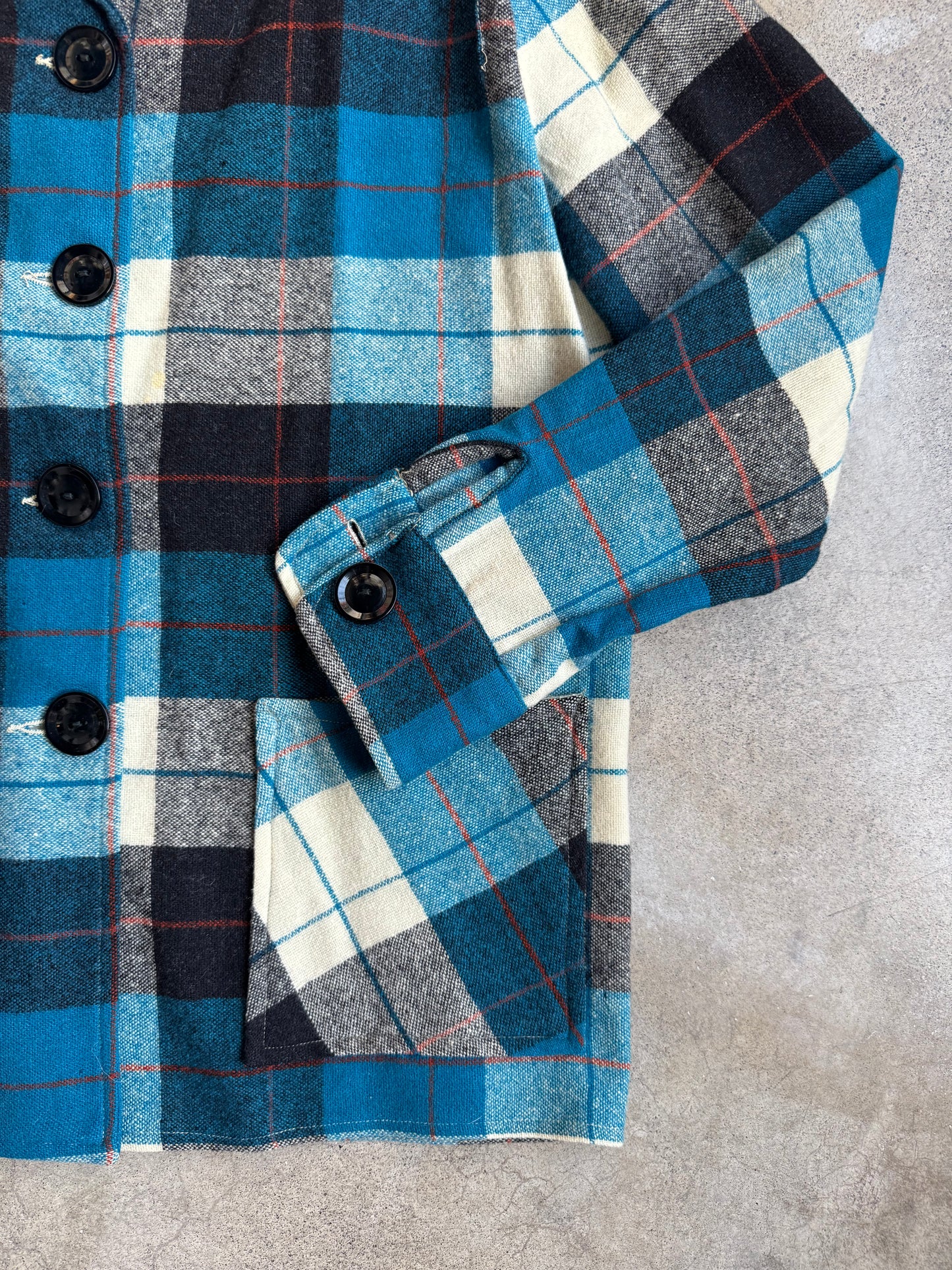 Vintage 1940s Blue & White Plaid Wool Button-Up Shirt Jacket | Small