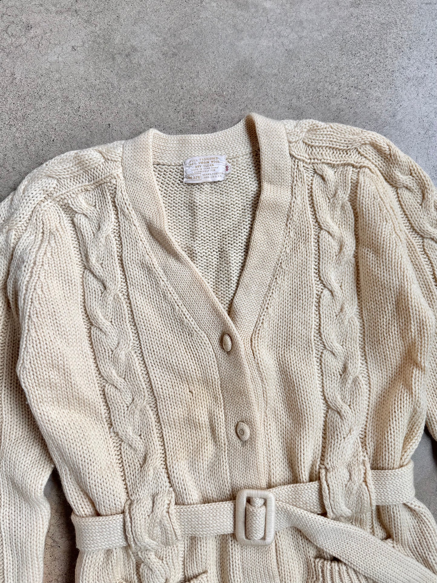 Vintage 1960s Sears 100% Wool Cream Cable Knit Belted Cardigan | Medium