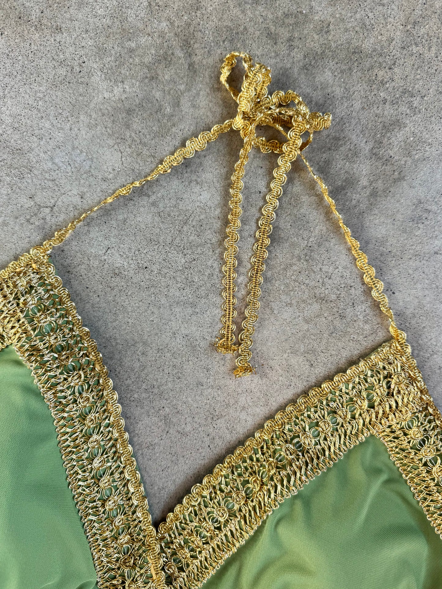 Vintage 1990s Betsy & Adam Green & Gold Trim Formal Full-Length Halter Dress | XL