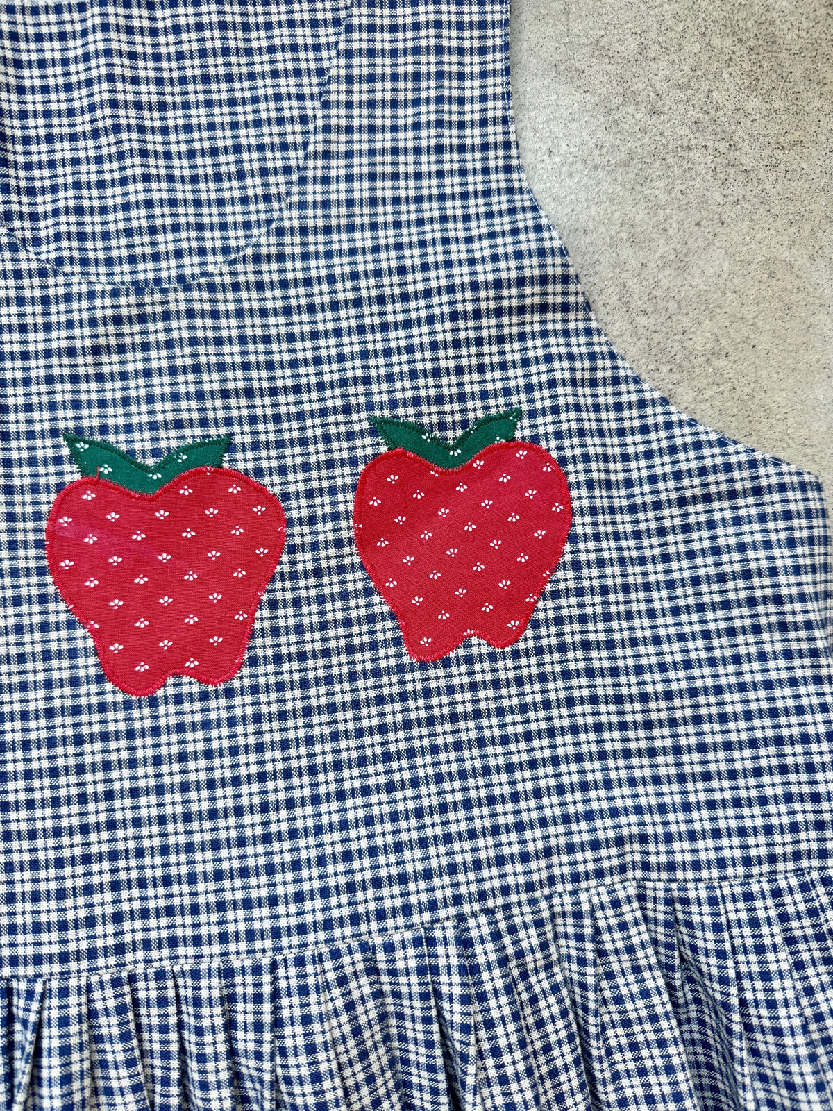 Vintage Handmade Blue Plaid Fruit Appliqué Tie-Back Pinafore Dress | Large