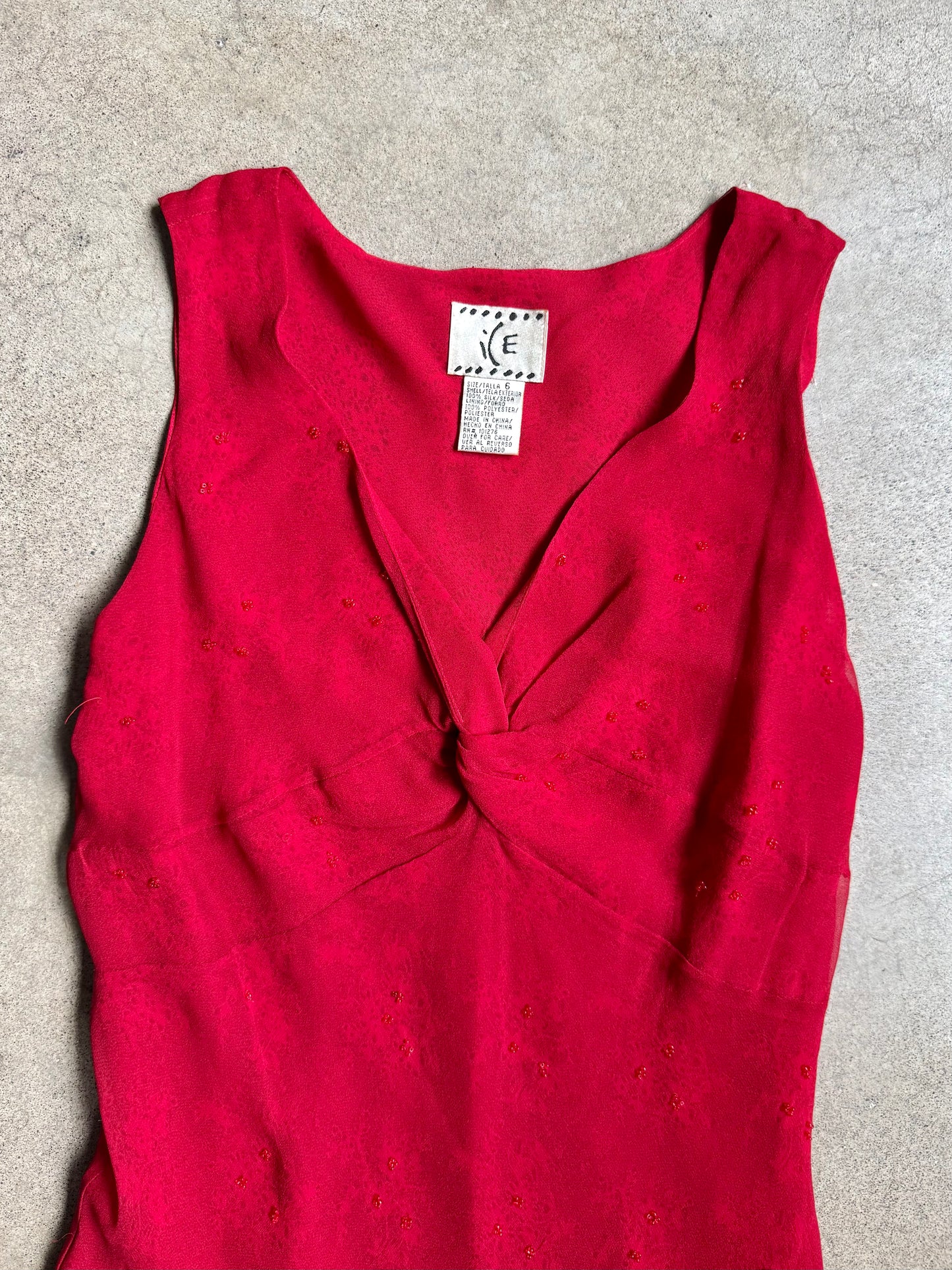 Vintage 1990s Ice Red Beaded Silk V-Neck Midi Dress | Small