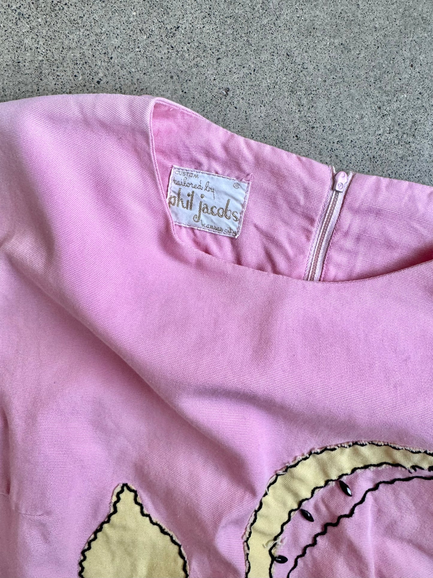 Vintage 1960s Phil Jacobs Pink Fruit Embroidered Shift Dress | Medium