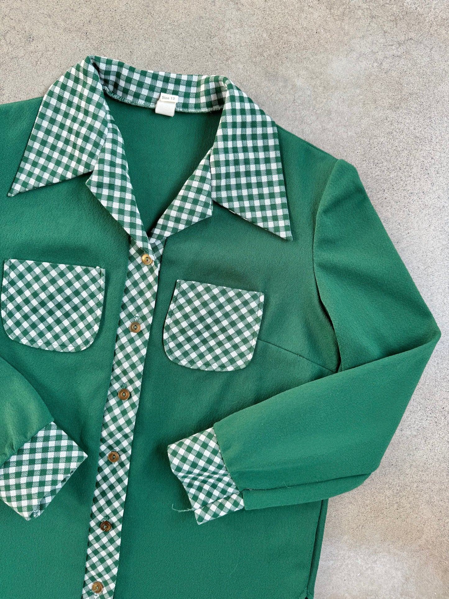 Vintage 1970s Green Gingham Two-Piece Polyester Suit | S/M