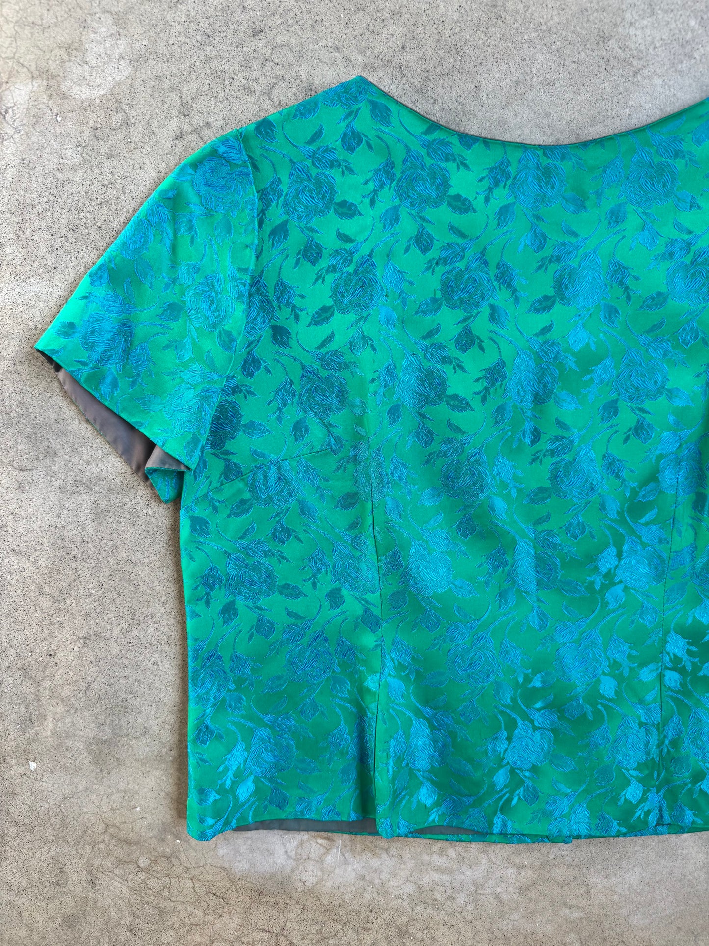 Vintage 1950s Handmade Green & Blue Floral Satin Brocade Button-Back Blouse | Large