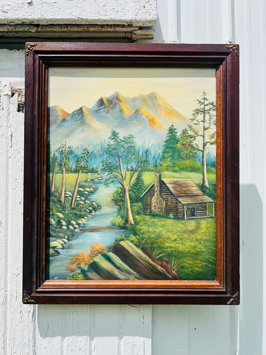Vintage 1995 "Cabin in the Woods" Oil on Canvas