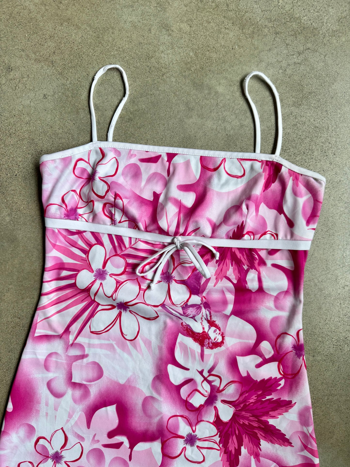 Vintage 1990s Pulse Pink & White Hawaiian Floral Print Mini Dress | Large
