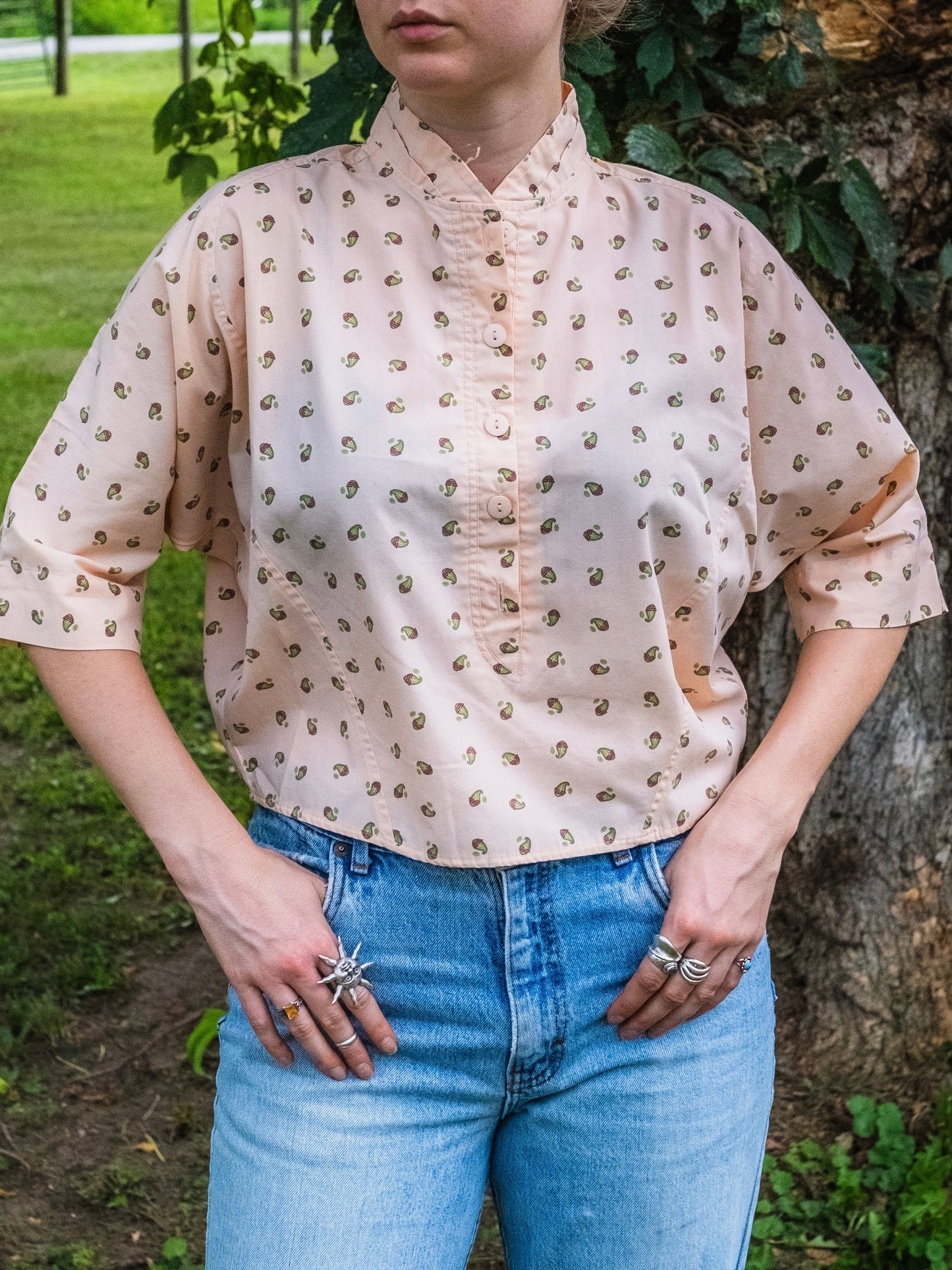 Vintage 1980s Cristina Peach Paisley Print Cropped Blouse | Small