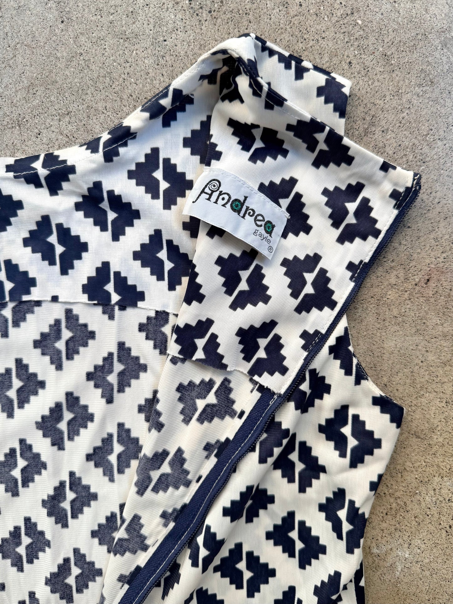 Vintage 1960s Andrea Gayle Blue & White Geometric Pattern Drop Waist Dress | S/M