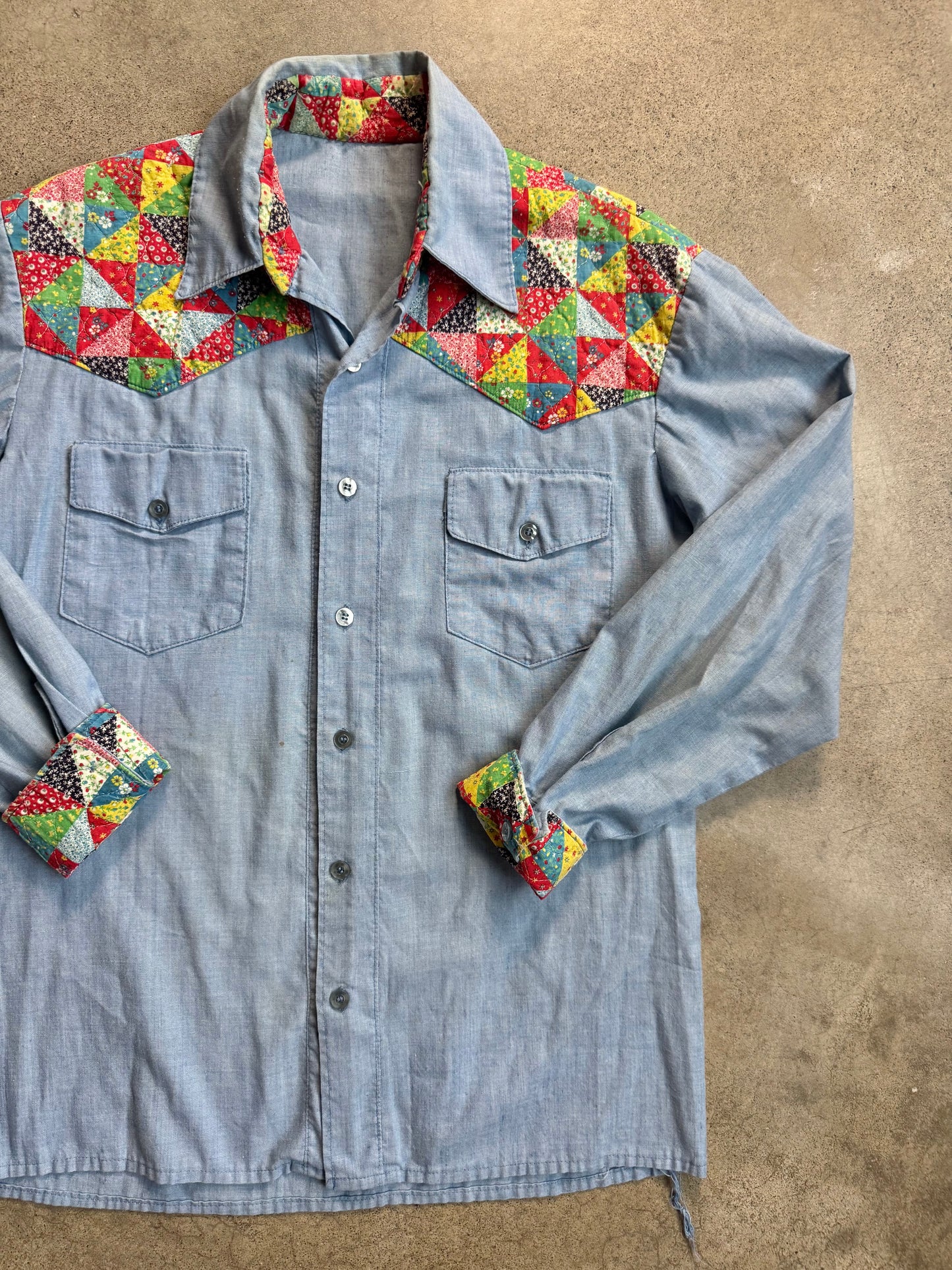 Vintage 1960s Handmade Quilted Patchwork Chambray Button-Up Shirt | Medium