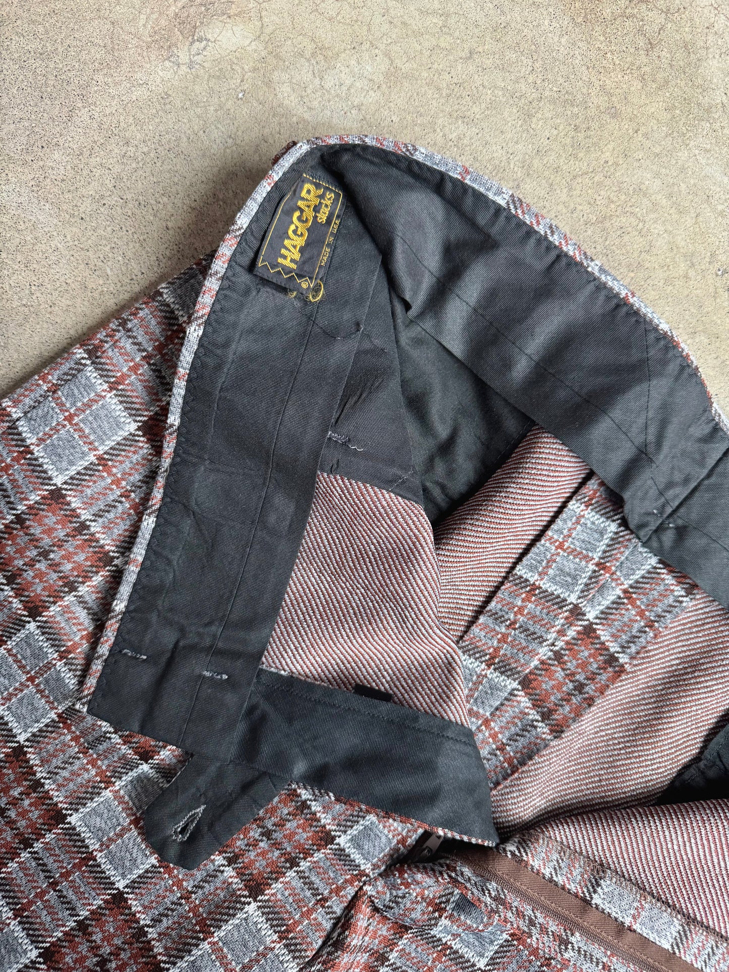 Vintage 1970s Haggar Grey & Brown Plaid Flared Trousers | Waist 38”