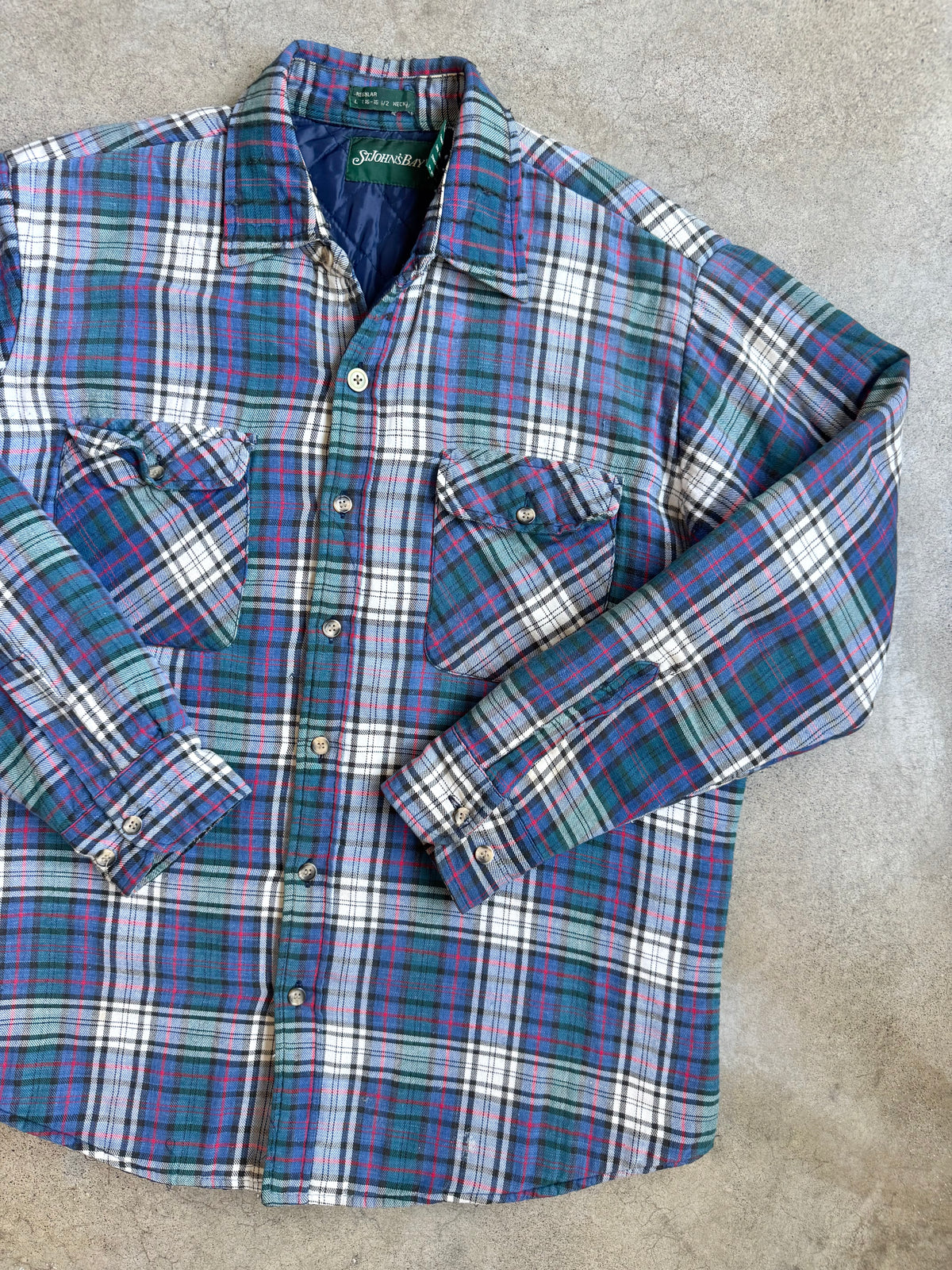 Vintage 1990s St. John’s Bay Blue Plaid Insulated Flannel Shirt Jacket | Large