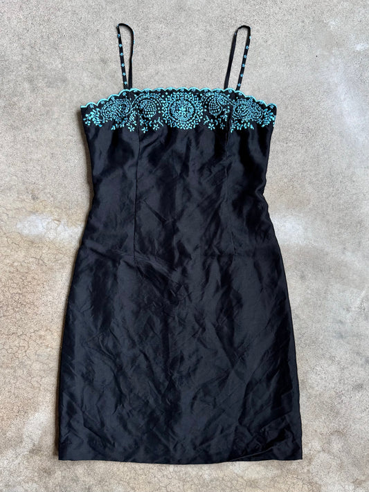 2000s Ann Taylor Black & Blue Embroidered Floral Beaded Silk Dress | XS